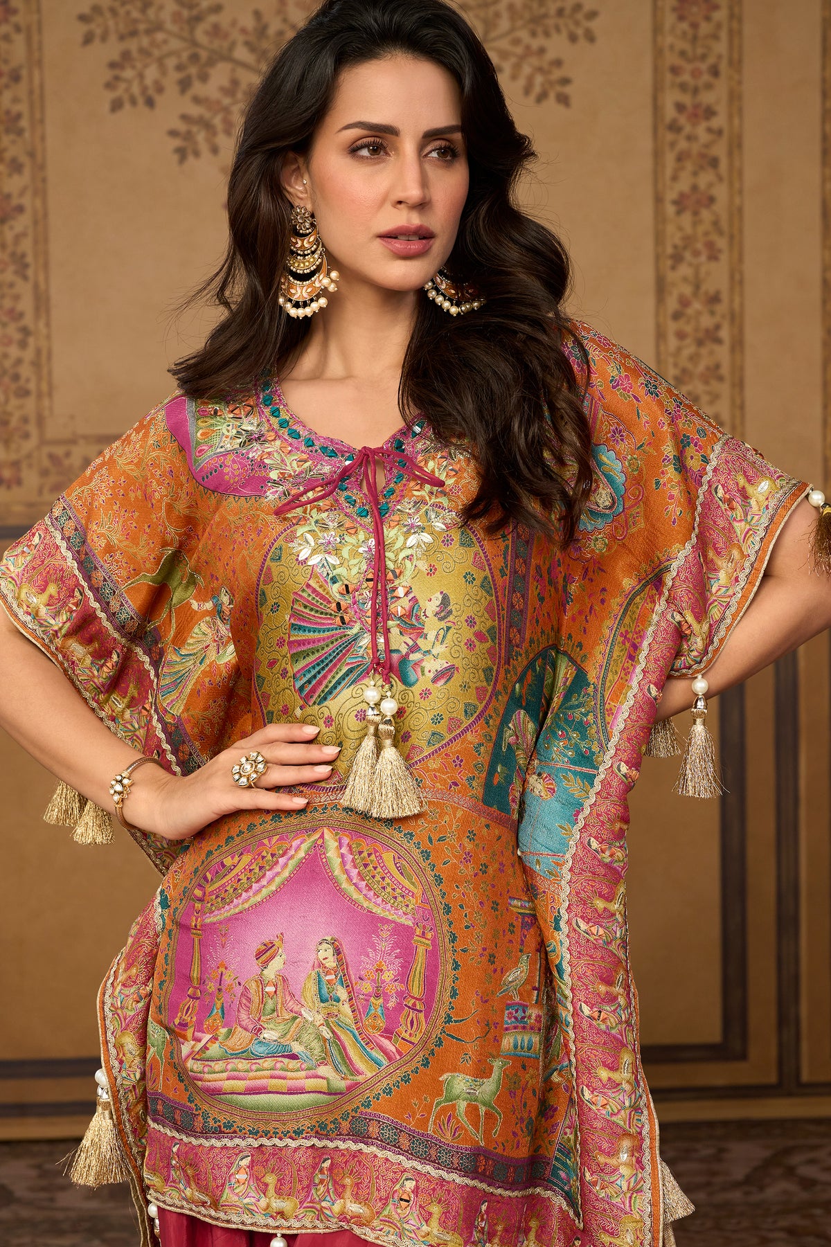 Peach Orange & Wine Mirror Work Viscose Silk Kaftan-SAR13569_2_SareeButa.com