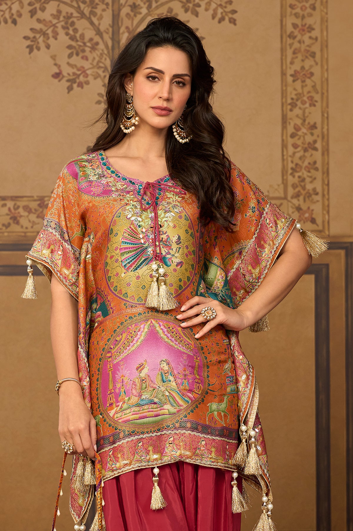 Peach Orange & Wine Mirror Work Viscose Silk Kaftan-SAR13569_3_SareeButa.com
