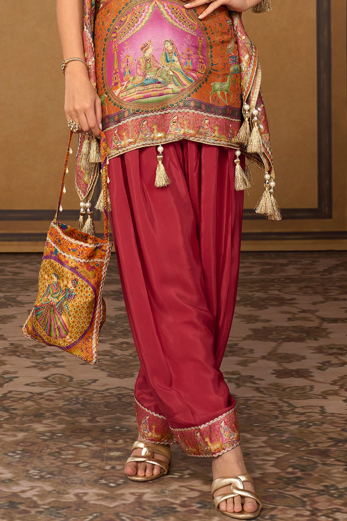 Peach Orange & Wine Mirror Work Viscose Silk Kaftan-SAR13569_4_SareeButa.com