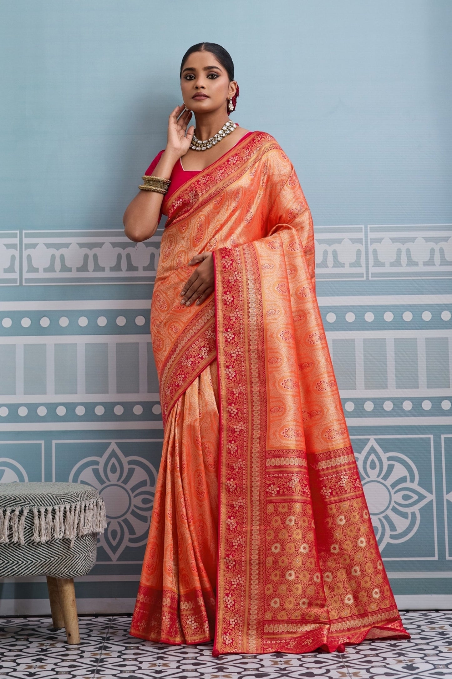Peach Orange Woven Kanjivaram Silk Saree-SAR10376_1_SareeButa.com