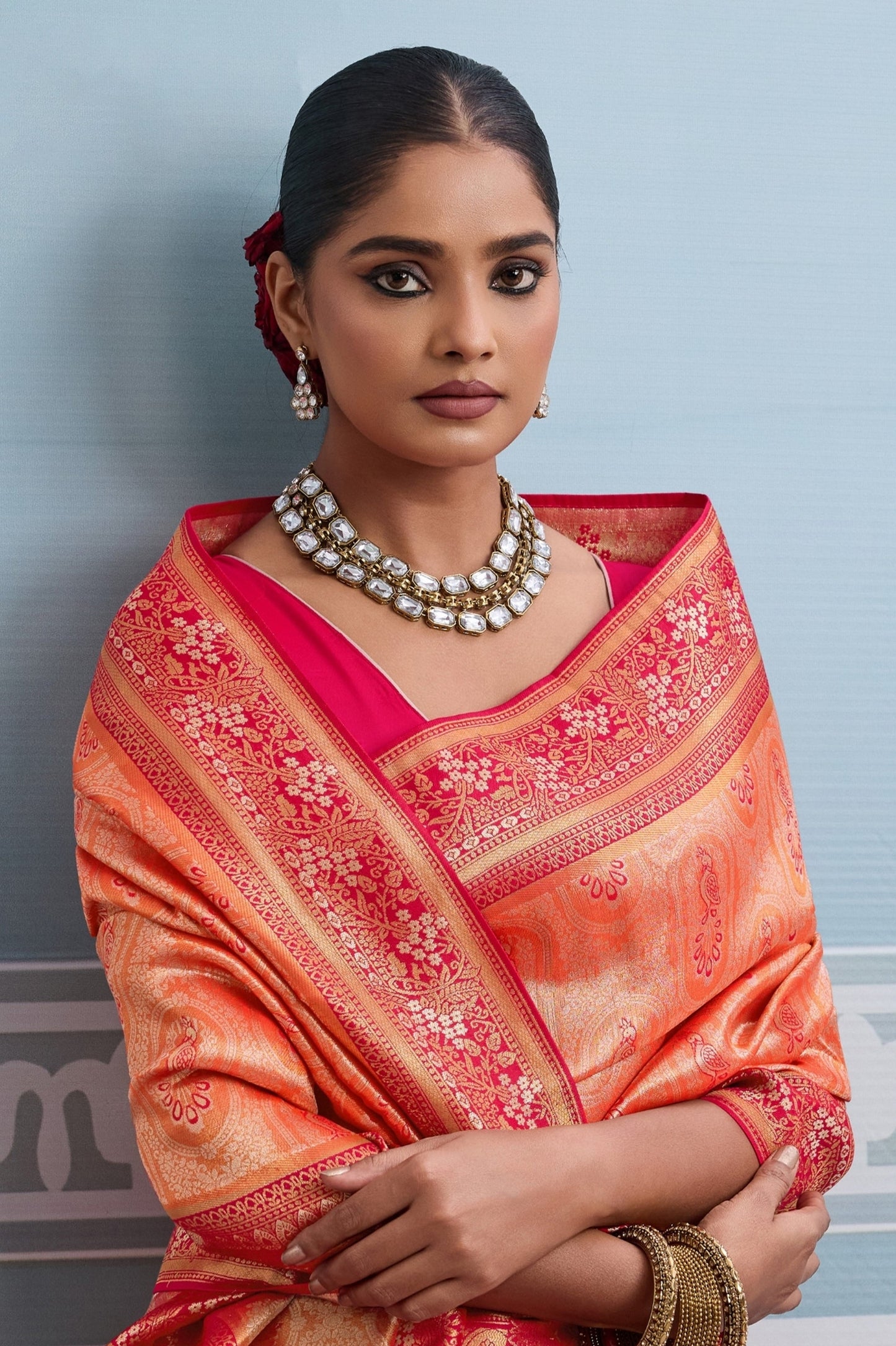 Peach Orange Woven Kanjivaram Silk Saree-SAR10376_2_SareeButa.com