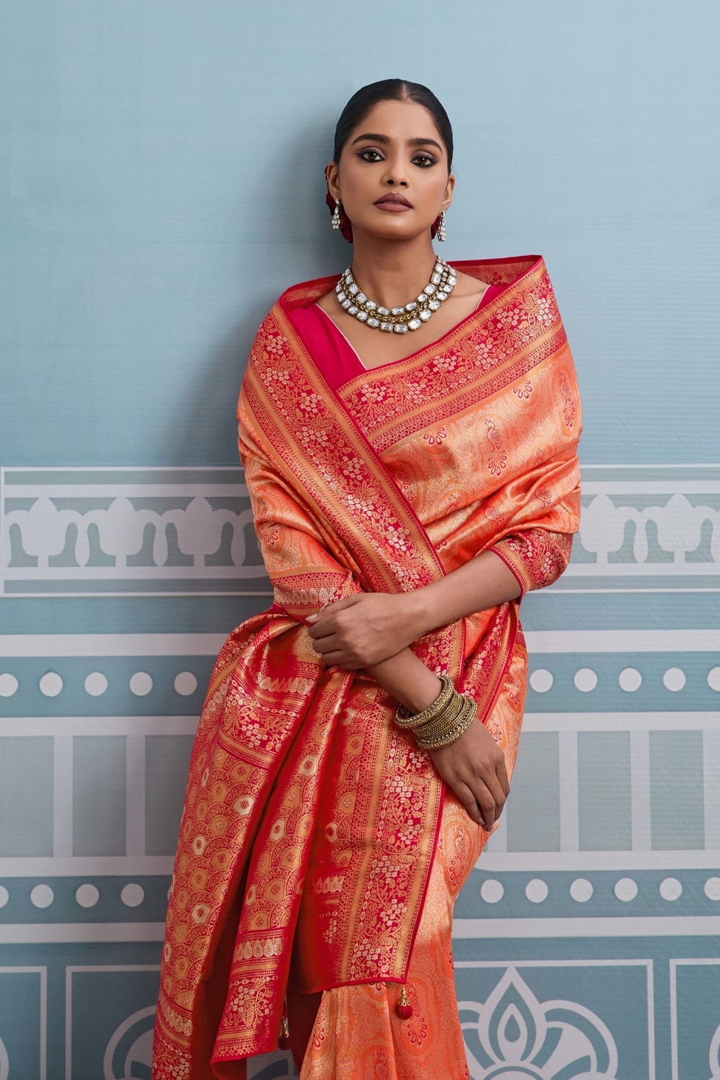 Peach Orange Woven Kanjivaram Silk Saree-SAR10376_3_SareeButa.com