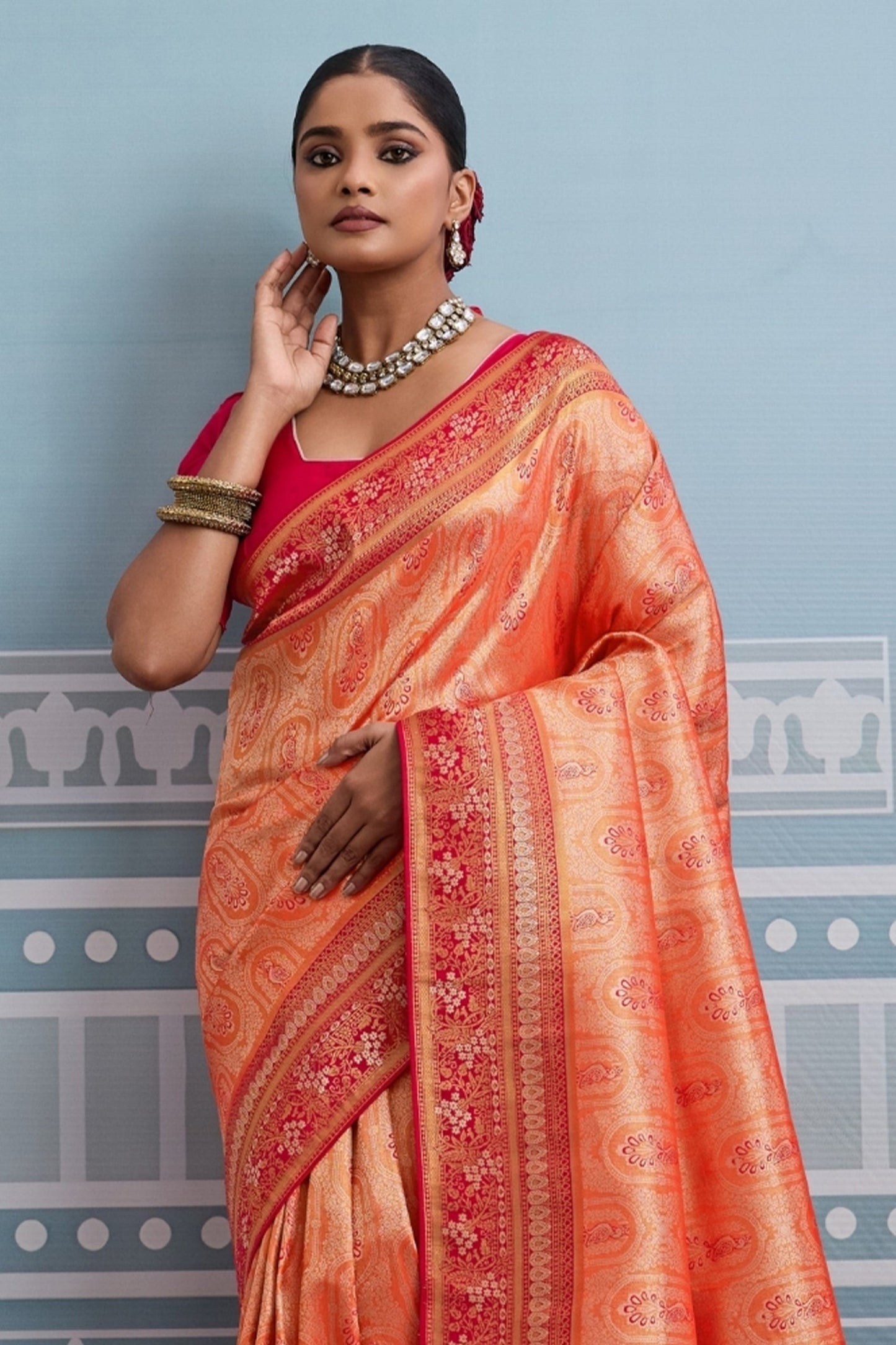 Peach Orange Woven Kanjivaram Silk Saree-SAR10376_5_SareeButa.com