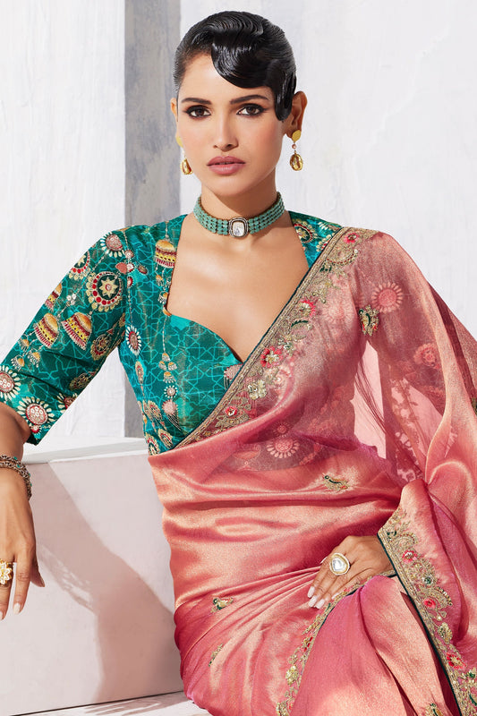 Peach Pink Embroidered Tissue Organza Saree-SAR10565_2_SareeButa.com