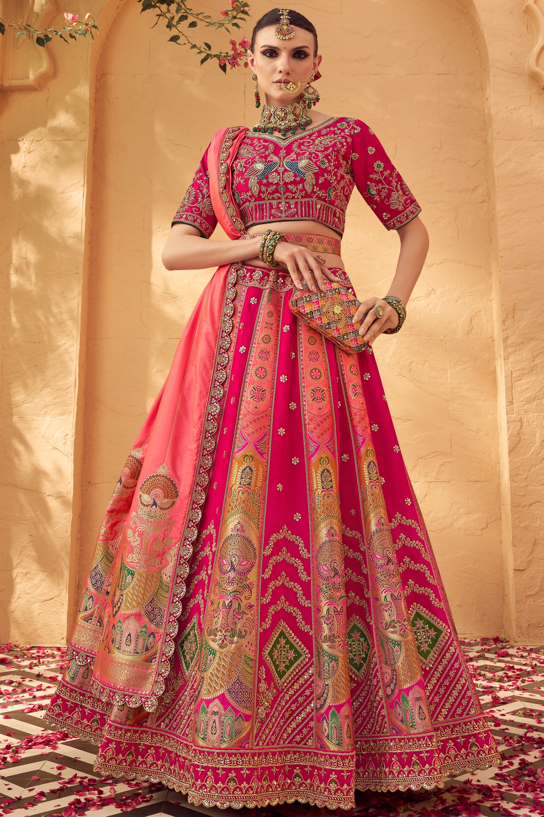 Peach & Pink Semi-Stitched Heavy Work Banarasi Lehenga-SAR10332_1_SareeButa.com