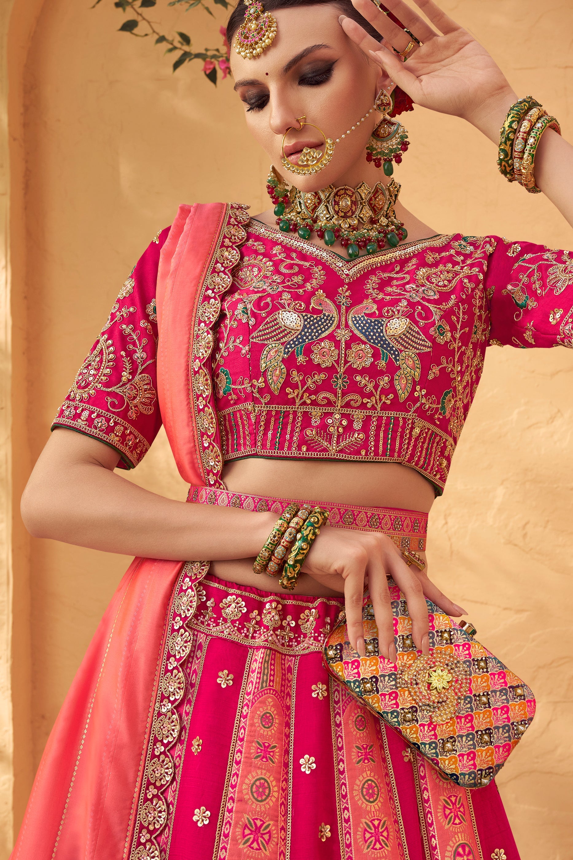 Peach & Pink Semi-Stitched Heavy Work Banarasi Lehenga-SAR10332_2_SareeButa.com