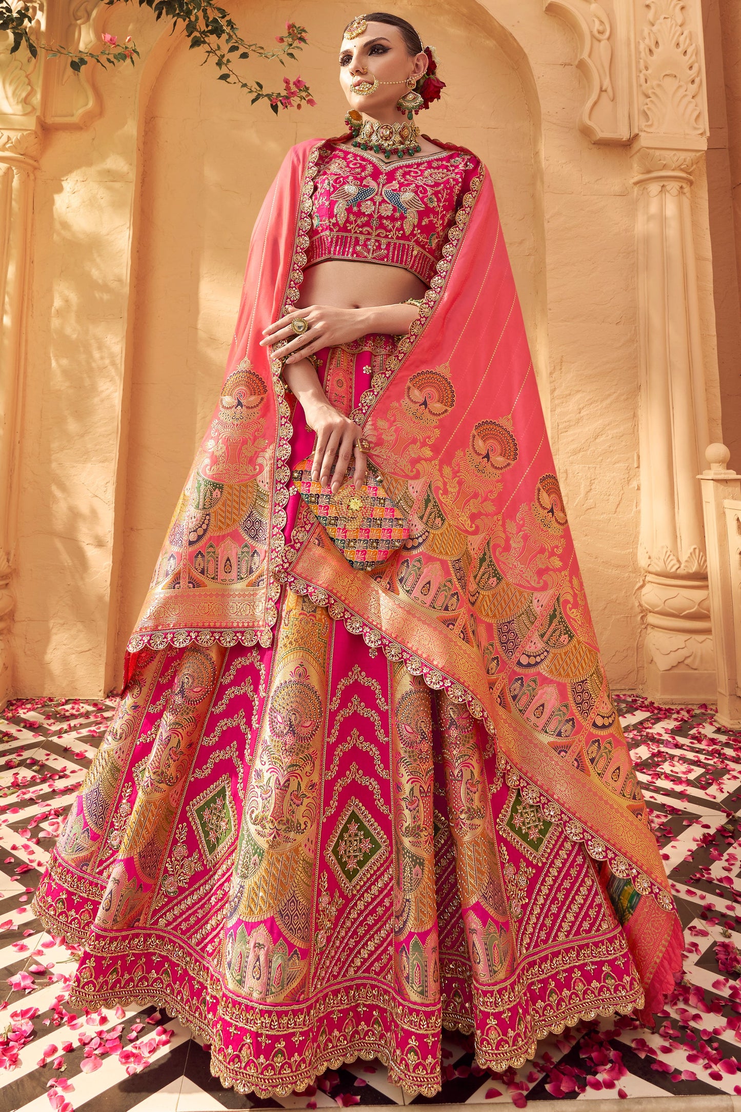 Peach & Pink Semi-Stitched Heavy Work Banarasi Lehenga-SAR10332_5_SareeButa.com