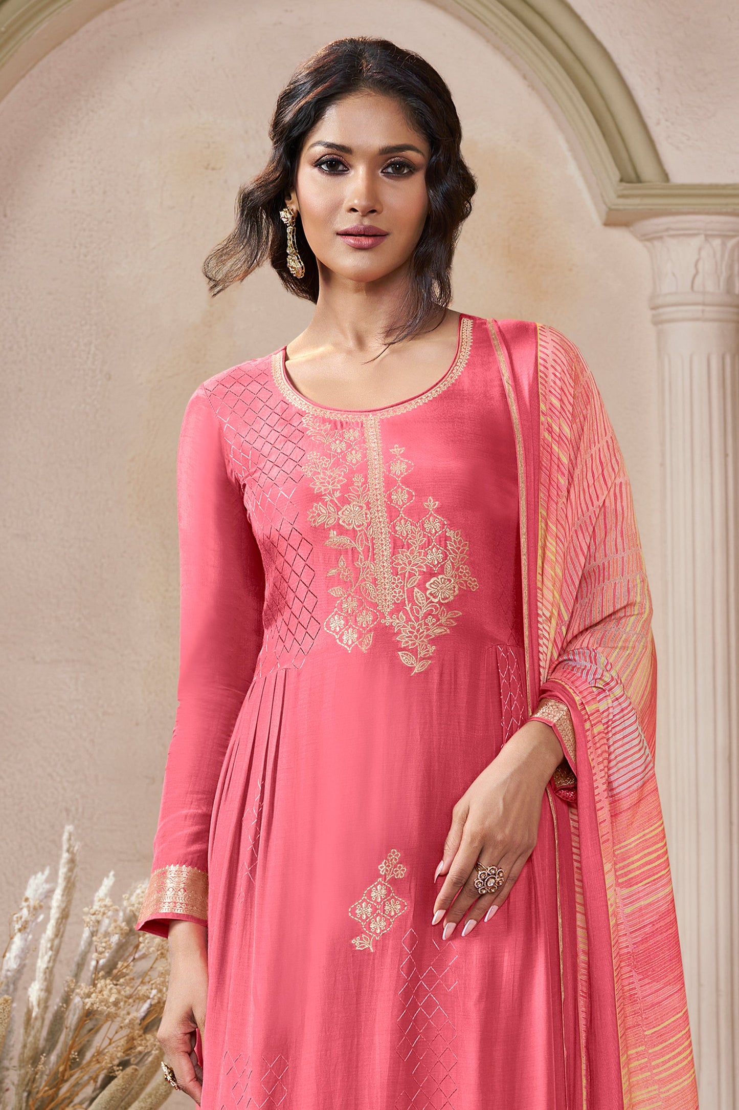 Rouge Pink Woven Viscose Muslin Suit-SAR11737_3_SareeButa.com