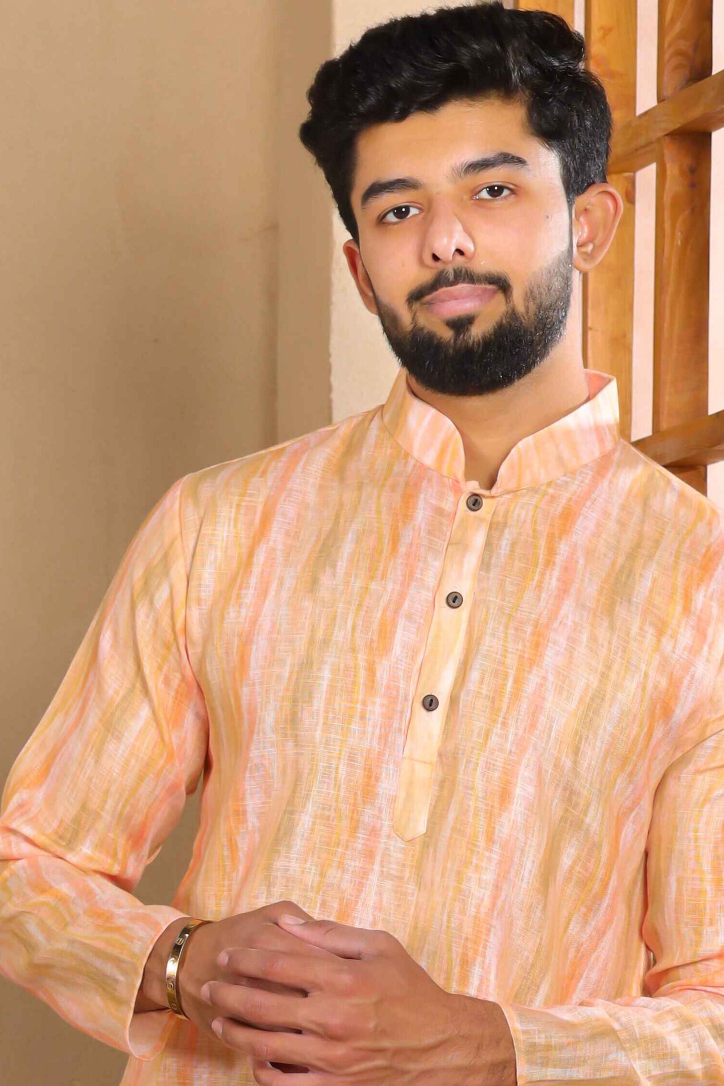 Peach Printed Linen Kurta Pajama-MW71_2_SareeButa.com