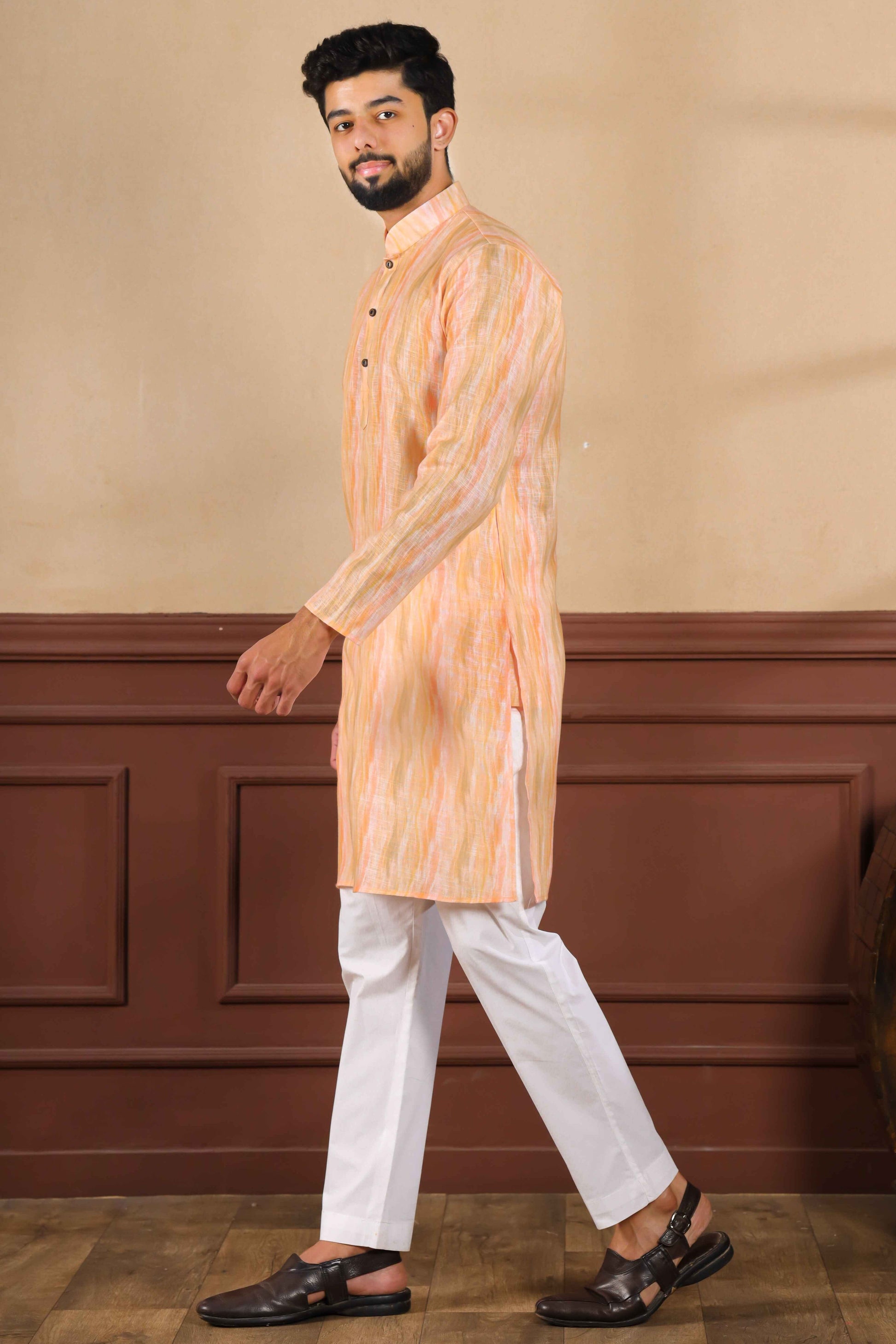 Peach Printed Linen Kurta Pajama-MW71_1_SareeButa.com