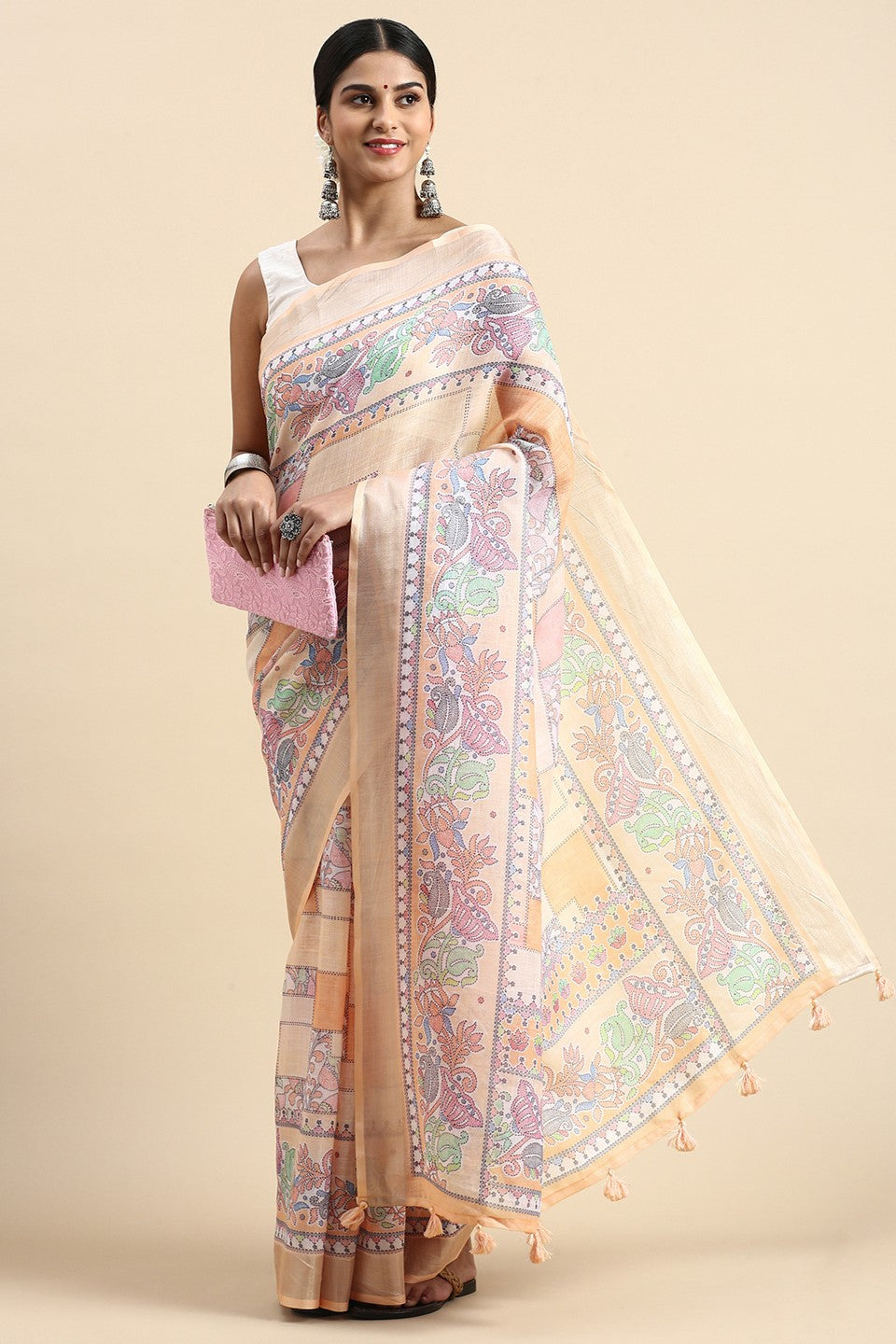 Peach Printed Linen Saree-ZB132677_1