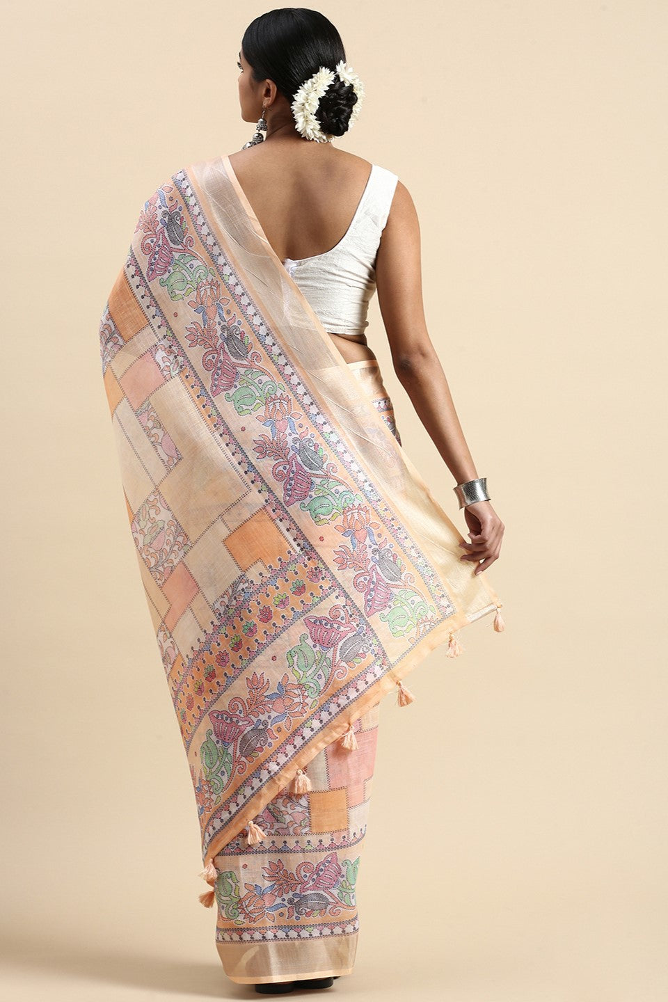 Peach Printed Linen Saree-ZB132677_2