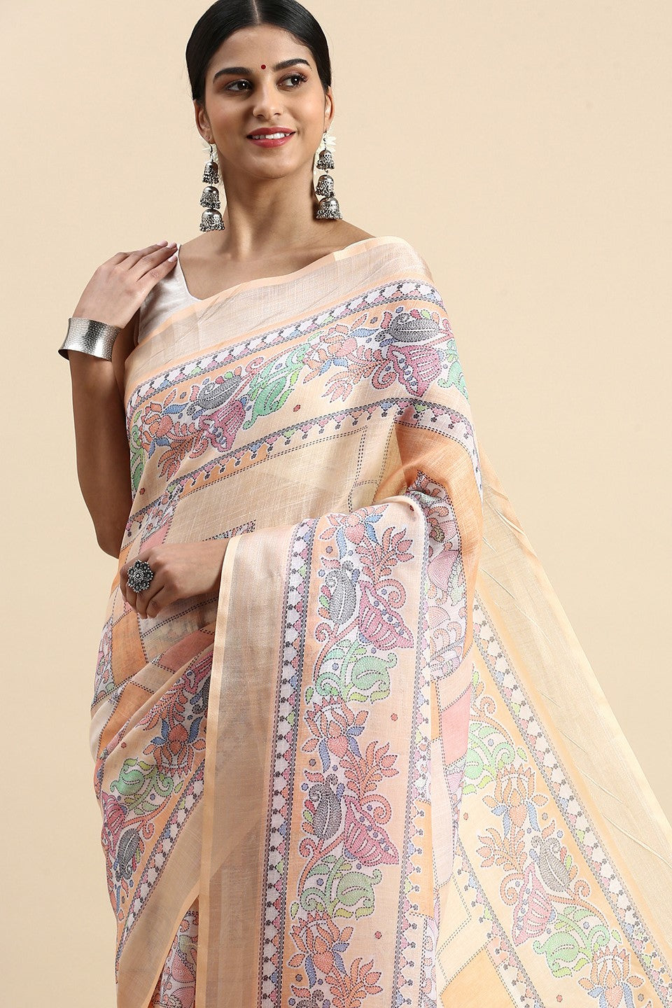 Peach Printed Linen Saree-ZB132677_3