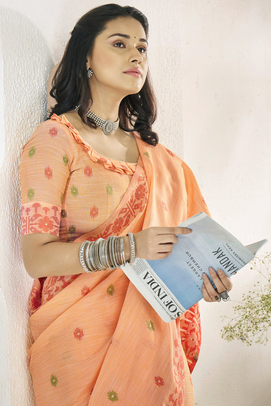 Peach Printed Linen Silk Saree-ZB134720_2_SareeButa.com