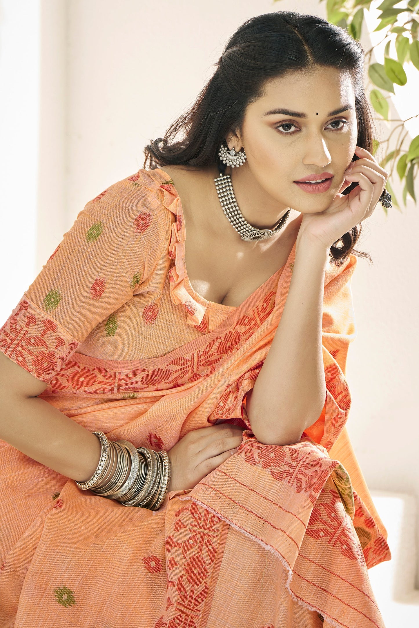 Peach Printed Linen Silk Saree-ZB134720_3_SareeButa.com