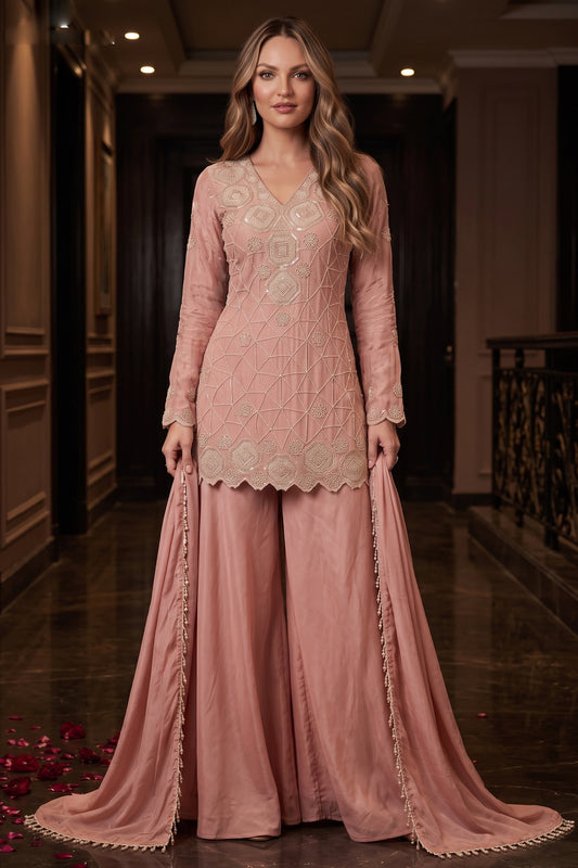 Peach Readymade Bead Work Chinon Suit-SAR12985_1_SareeButa.com