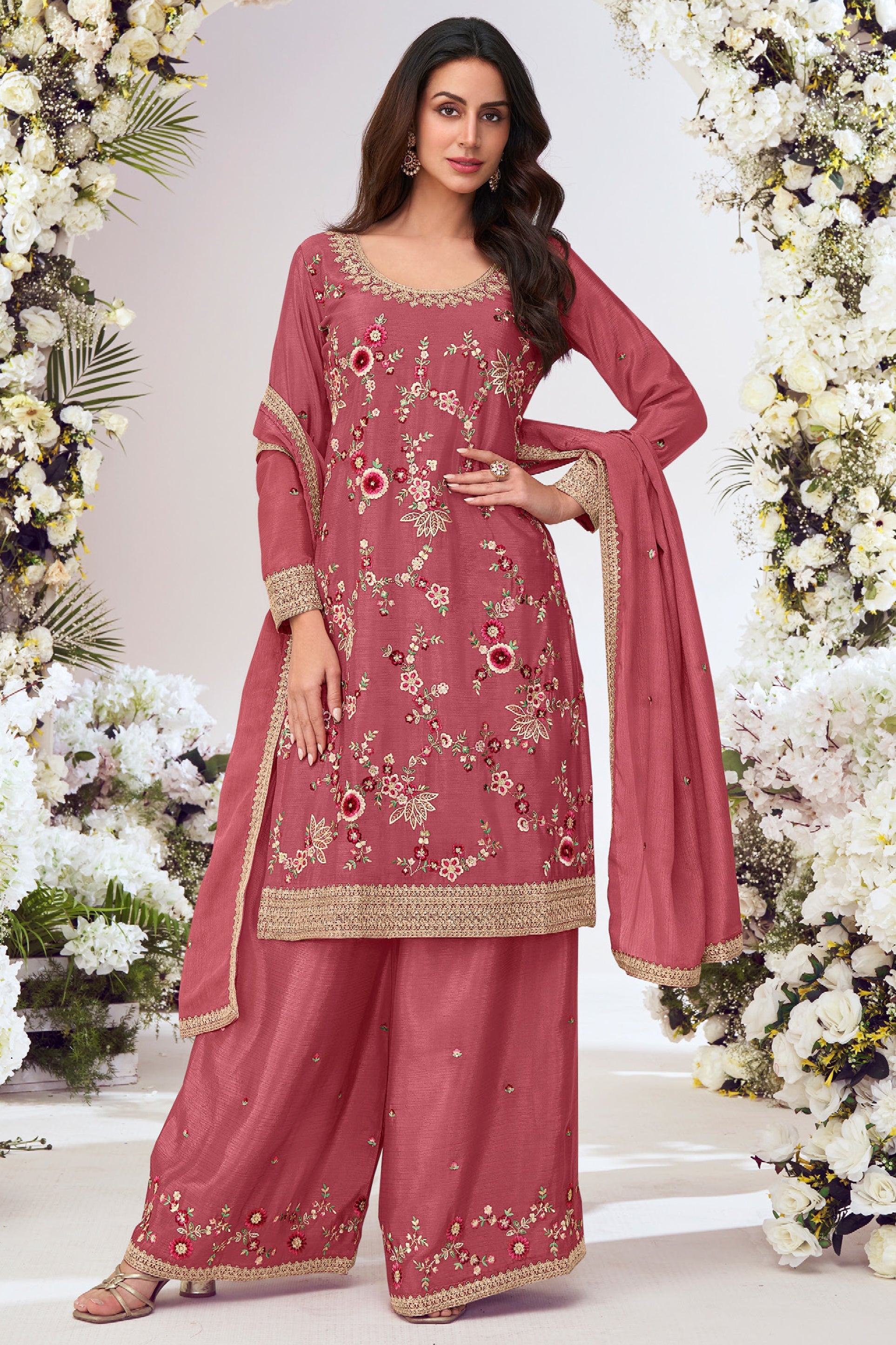 Peach Readymade Embroidered Chinon Palazzo Suit-SS783_1_SareeButa.com