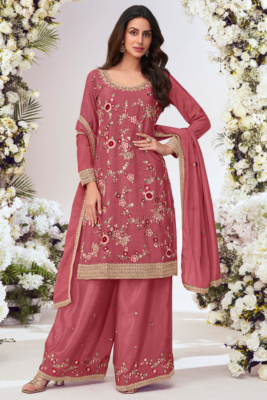 Peach Readymade Embroidered Chinon Palazzo Suit-SS783_1_SareeButa.com