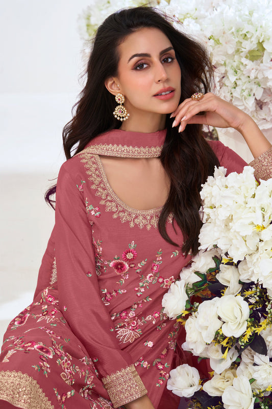 Peach Readymade Embroidered Chinon Palazzo Suit-SS783_2_SareeButa.com