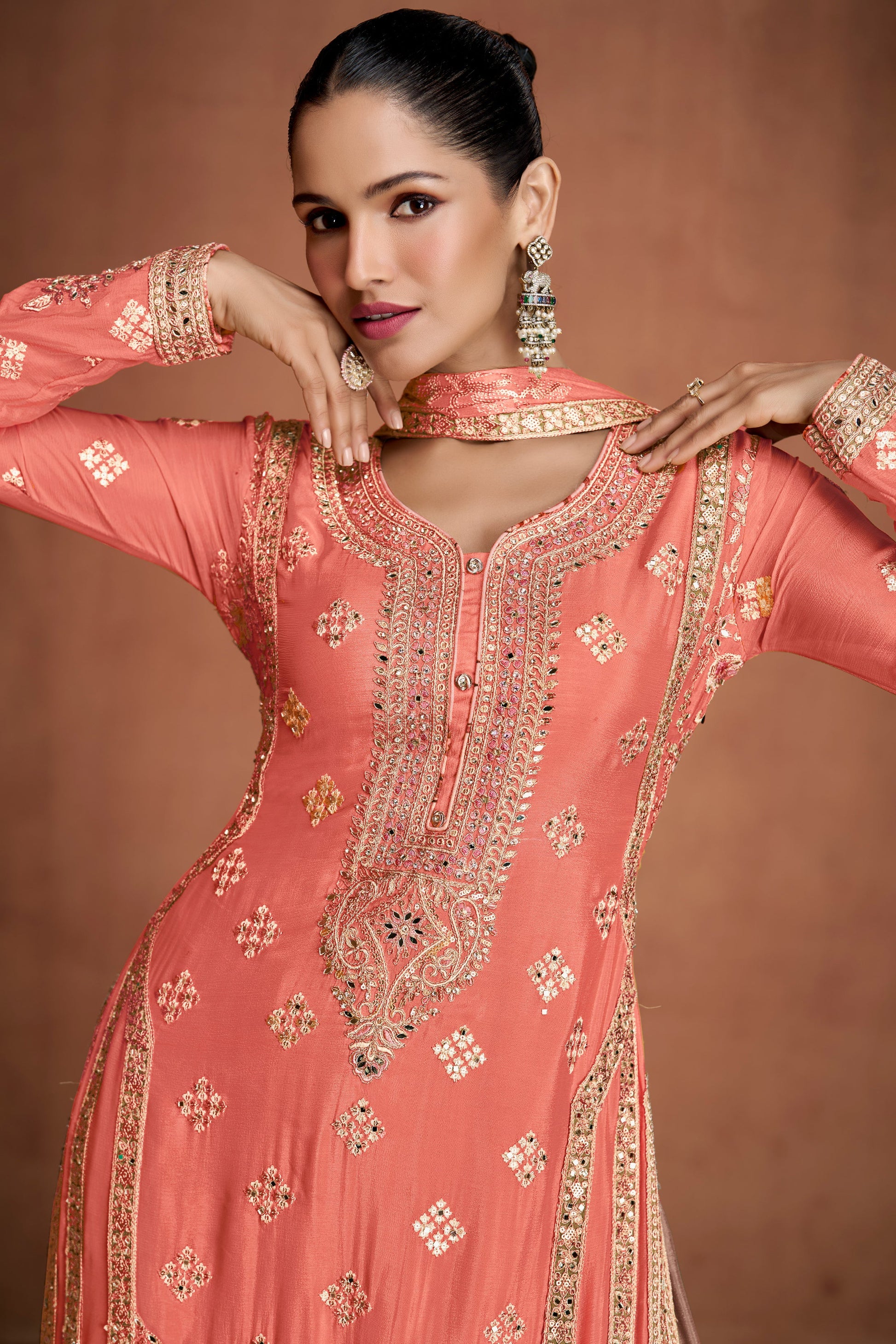 Peach Readymade Embroidered Chinon Suit-SS897_3_SareeButa.com