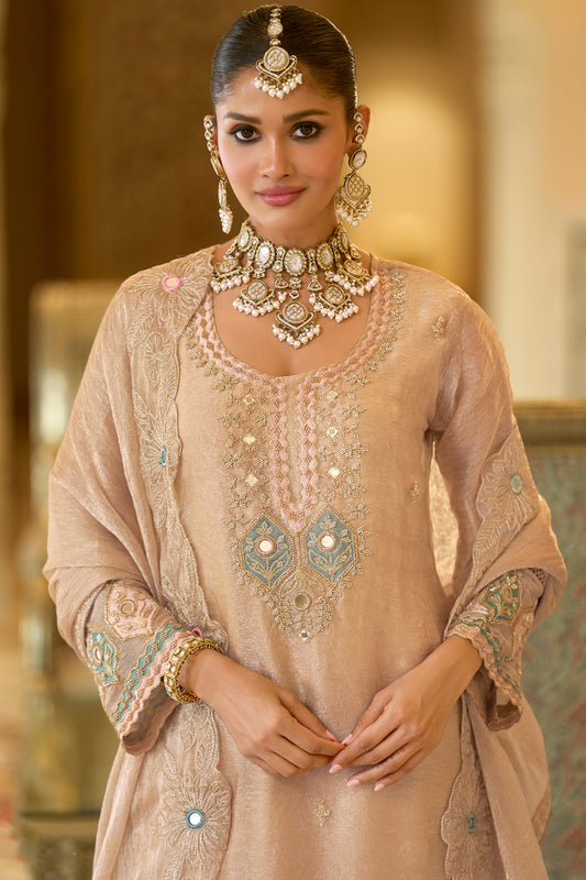 Peach Readymade Embroidered Crush Satin Suit-SAR13227_2_SareeButa.com
