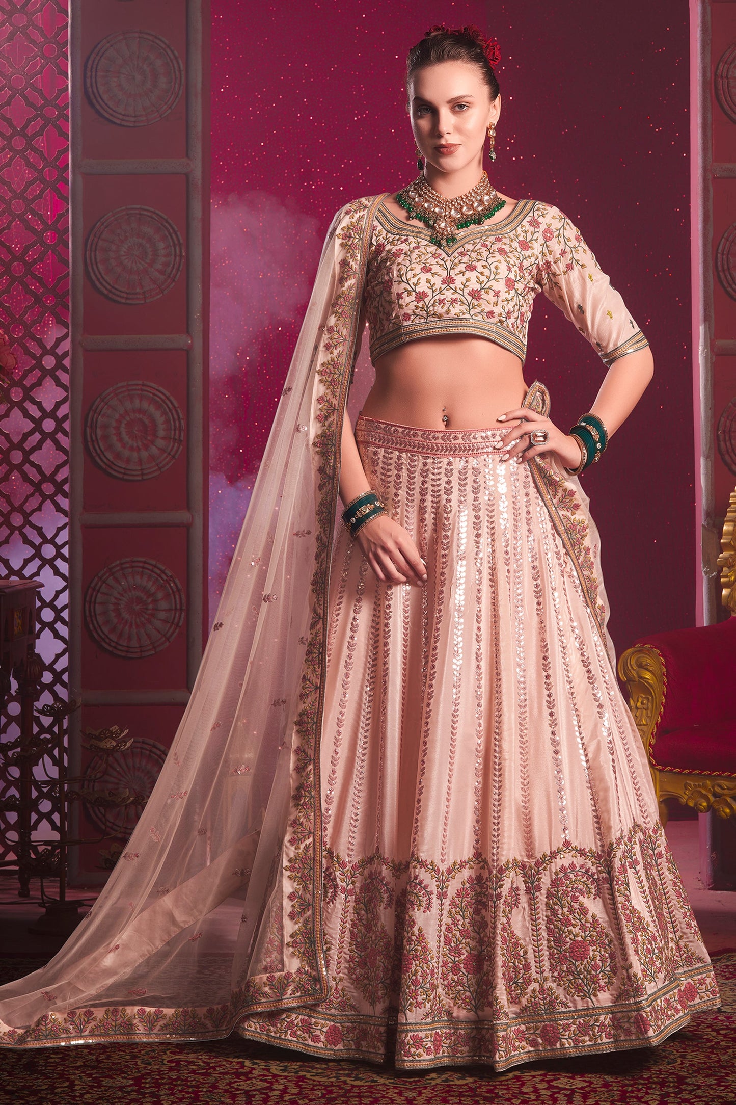 Peach Readymade Embroidered Silk Lehenga-SAR10713_1_SareeButa.com