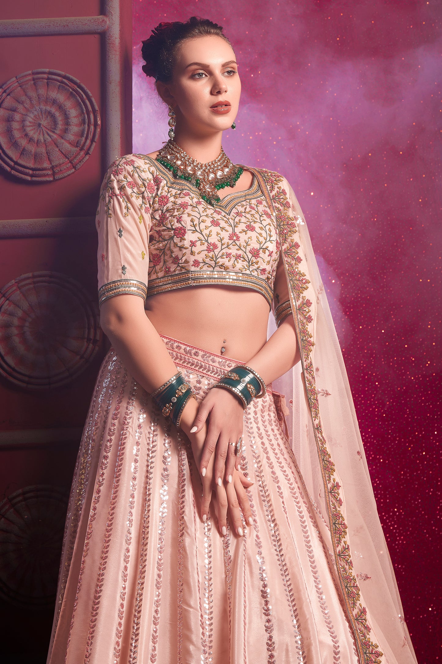 Peach Readymade Embroidered Silk Lehenga