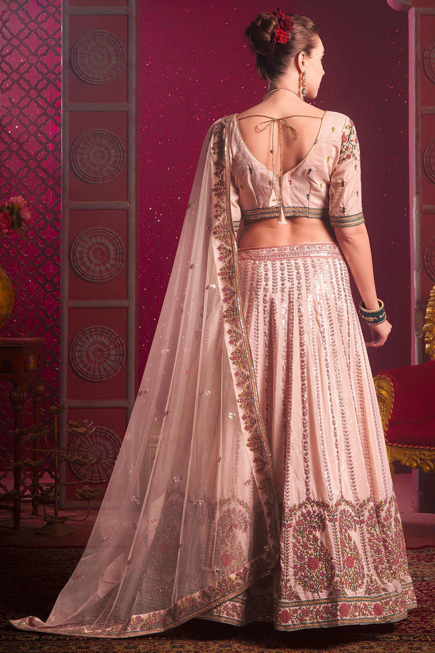 Peach Readymade Embroidered Silk Lehenga