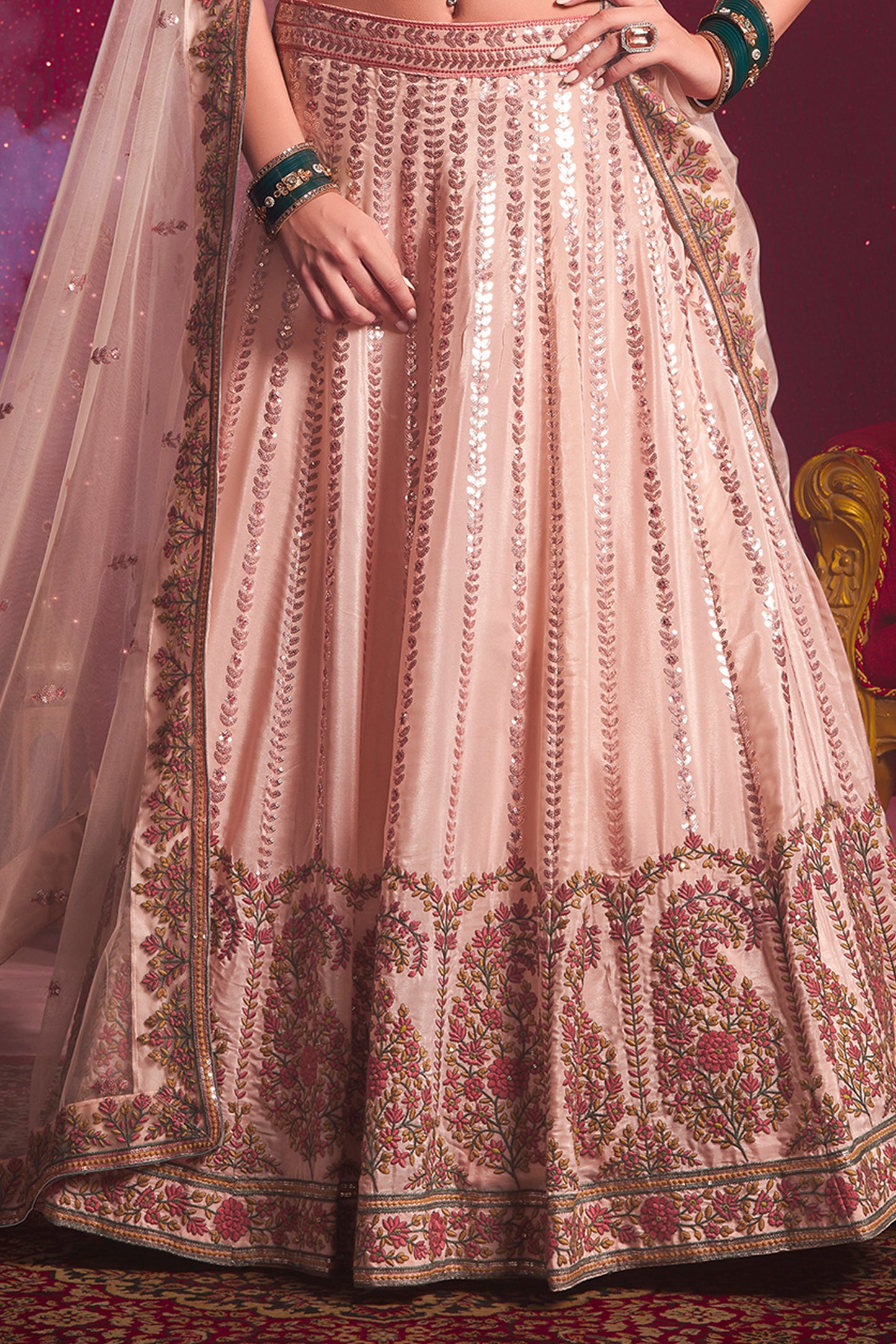 Peach Readymade Embroidered Silk Lehenga