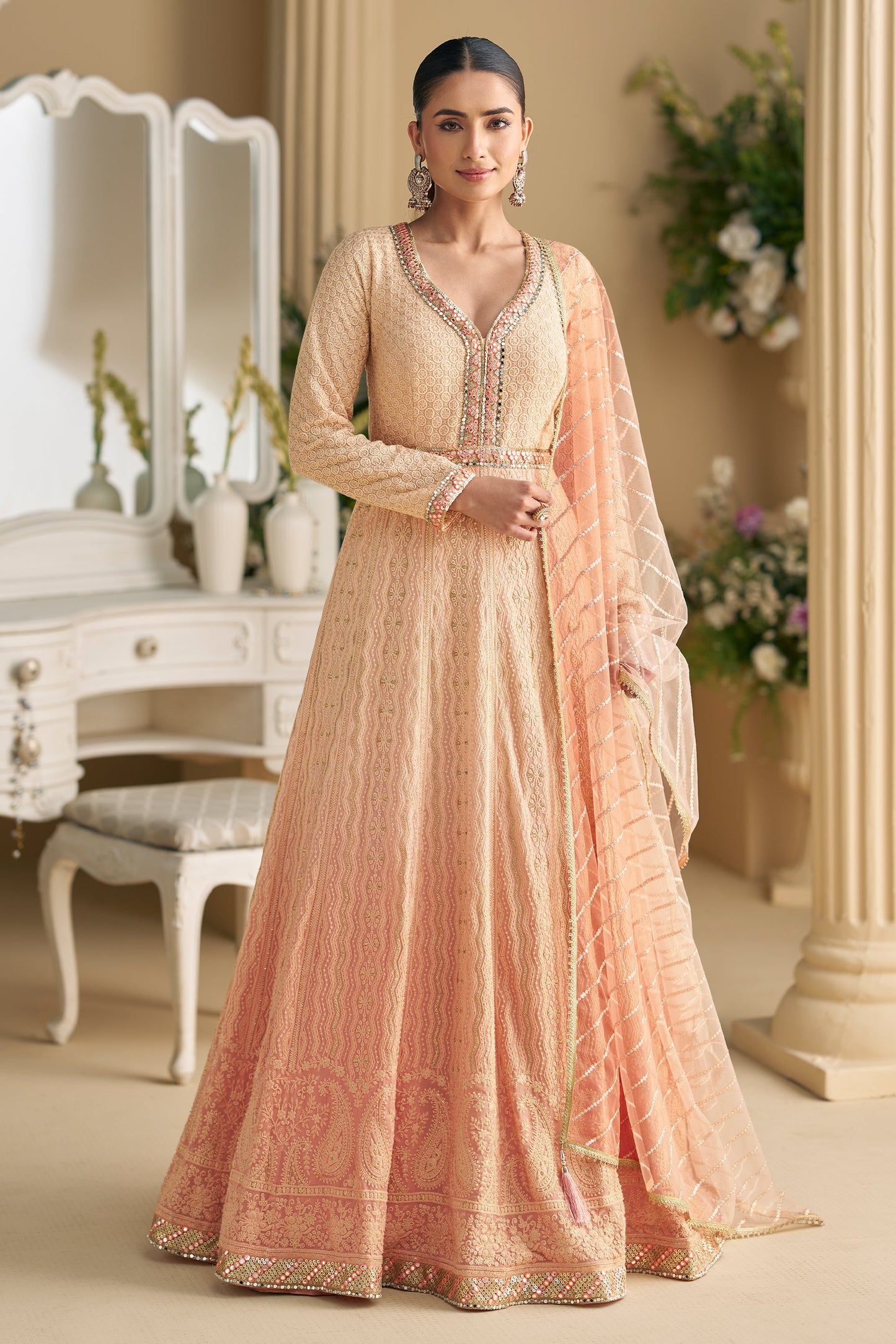 Peach Readymade Georgette Gown With Dupatta-SAR11544_1_SareeButa.com