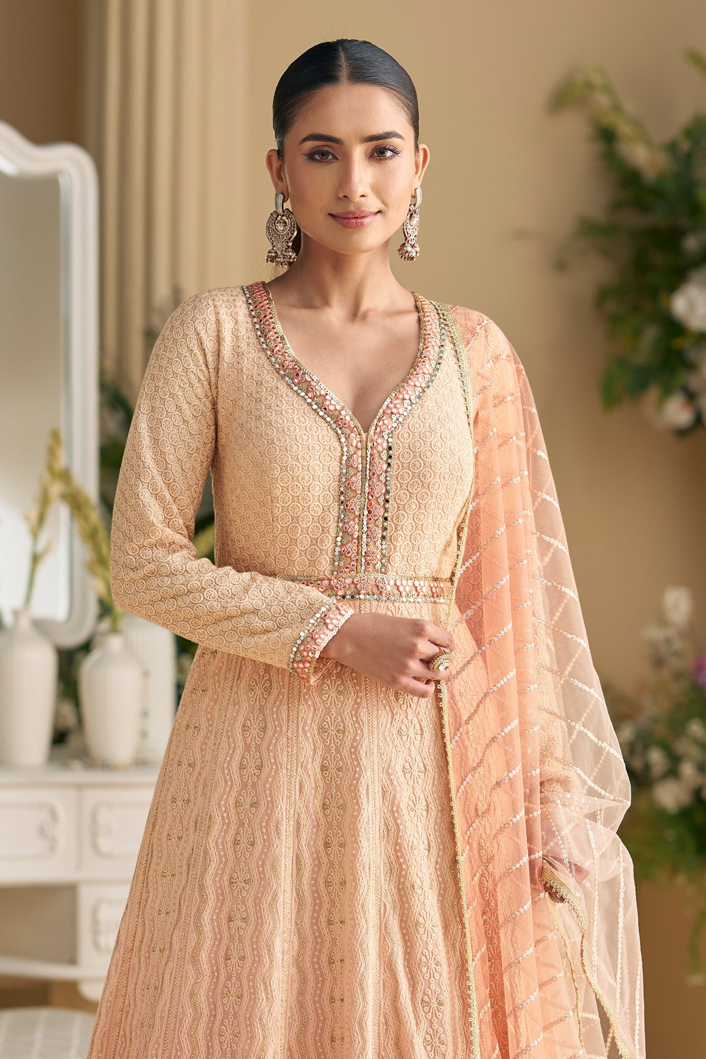 Peach Readymade Georgette Gown With Dupatta-SAR11544_3_SareeButa.com