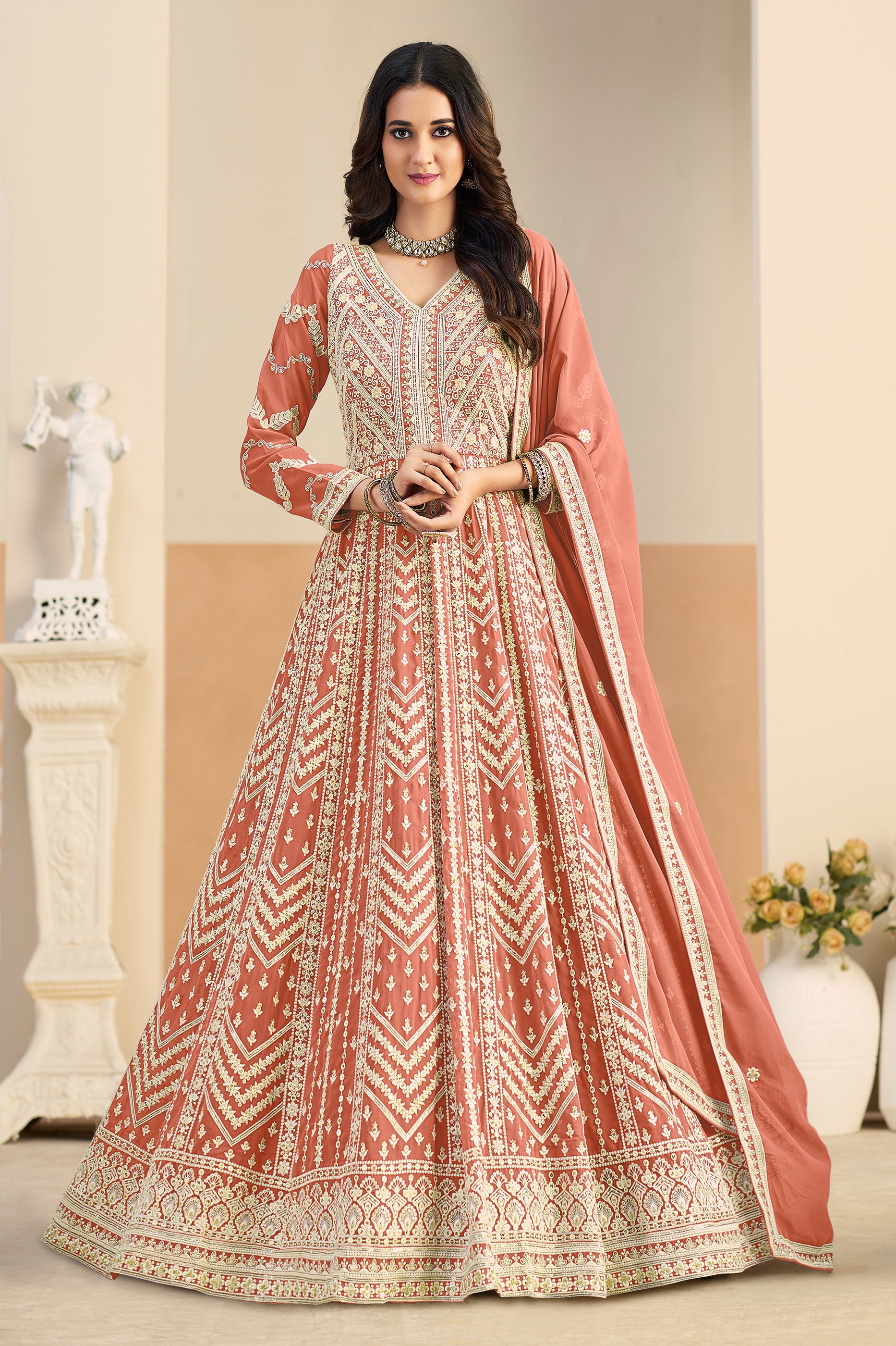 Peach Readymade Georgette Gown With Dupatta-SAR12495_1_SareeButa.com