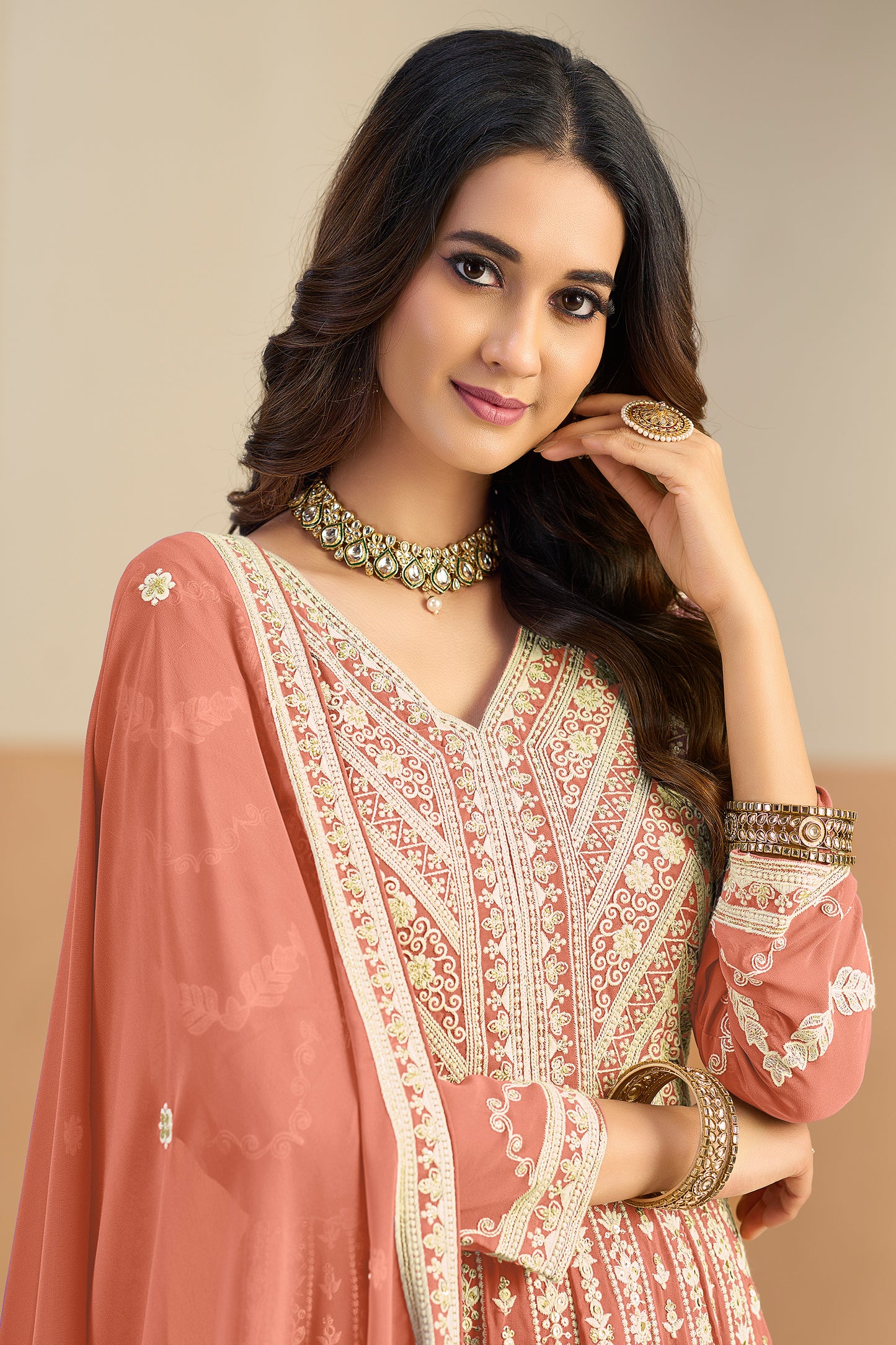 Peach Readymade Georgette Gown With Dupatta-SAR12495_2_SareeButa.com
