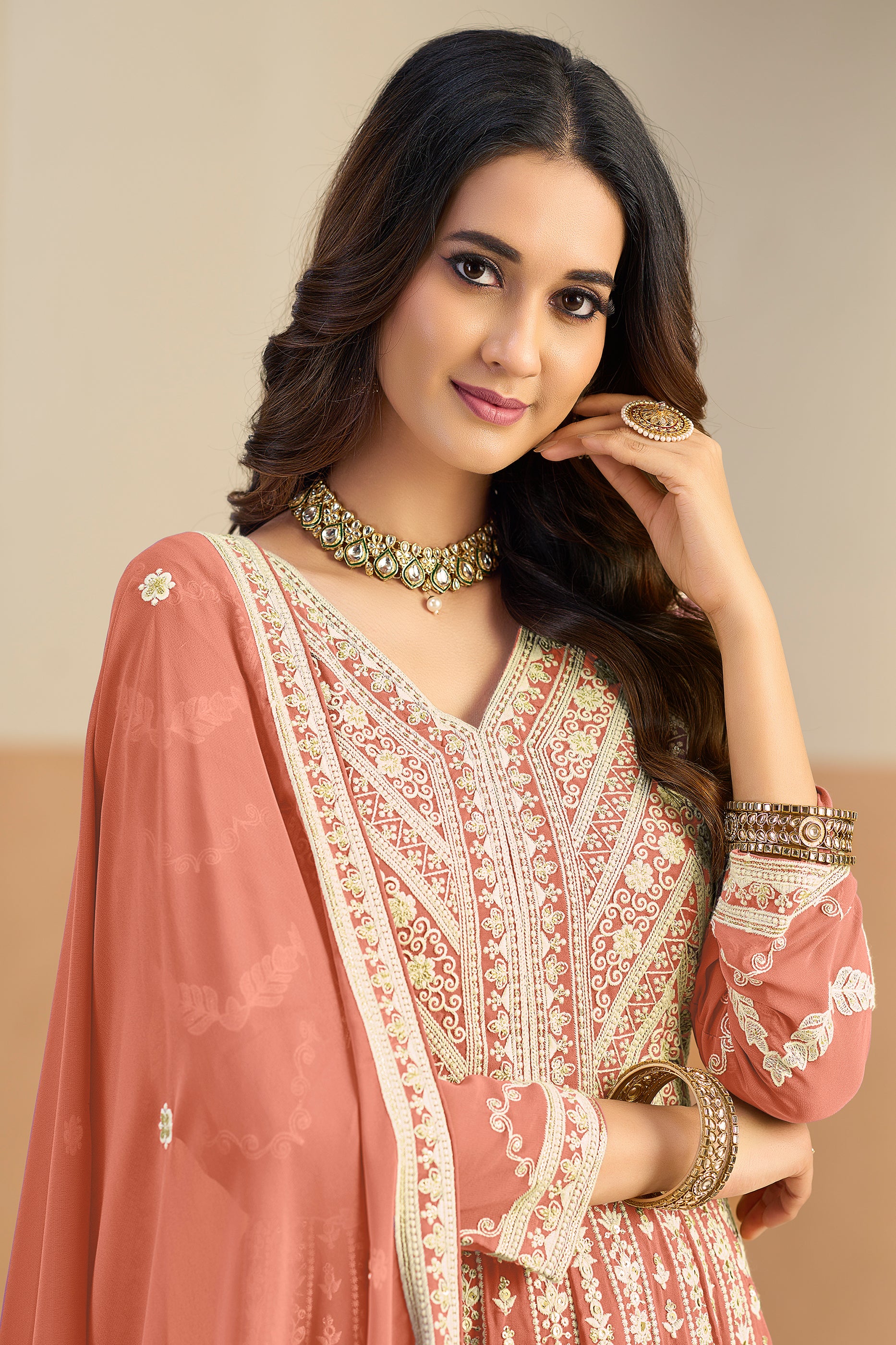 Peach Readymade Georgette Gown With Dupatta-SAR12495_2_SareeButa.com