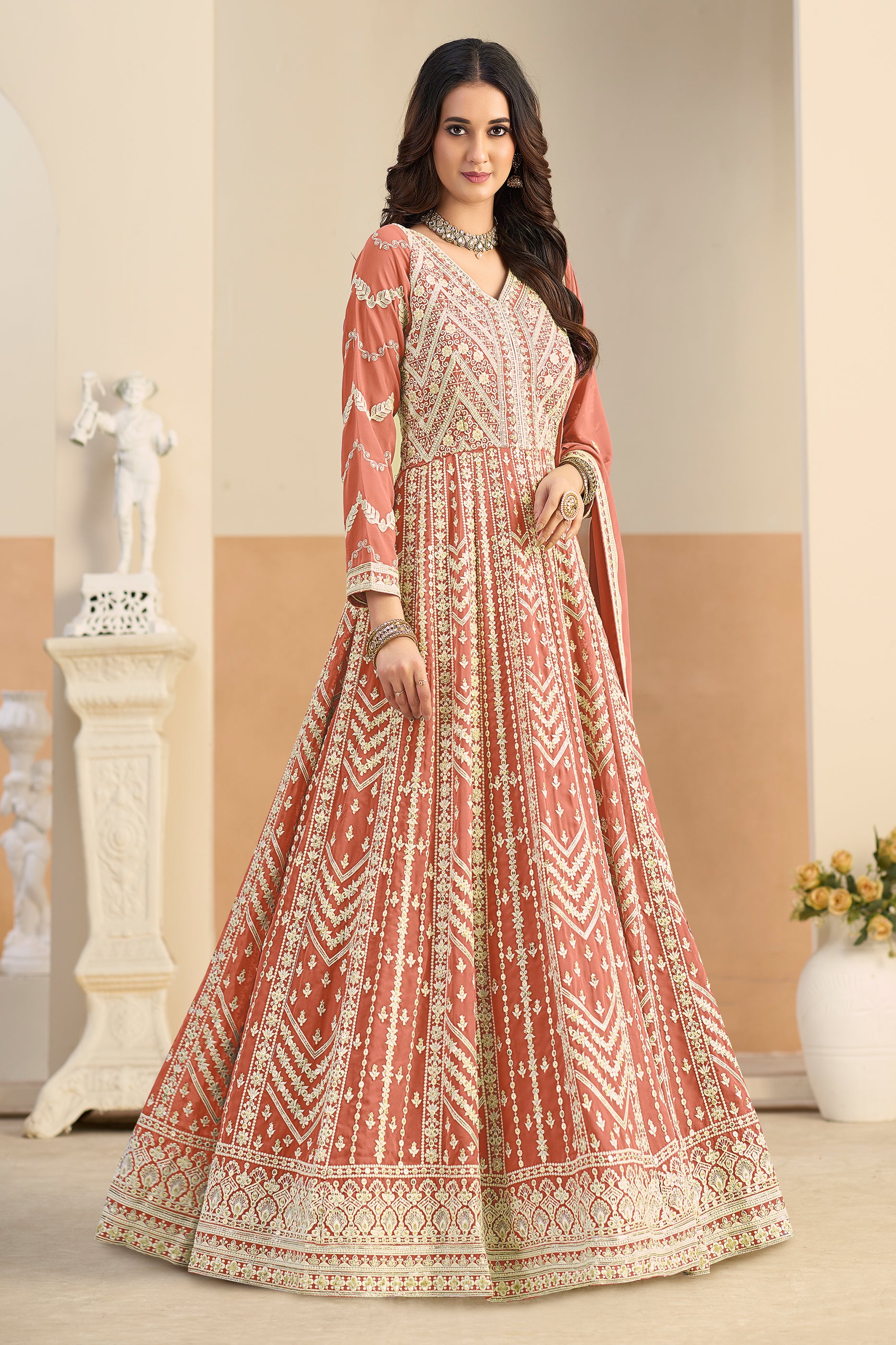Peach Readymade Georgette Gown With Dupatta-SAR12495_3_SareeButa.com