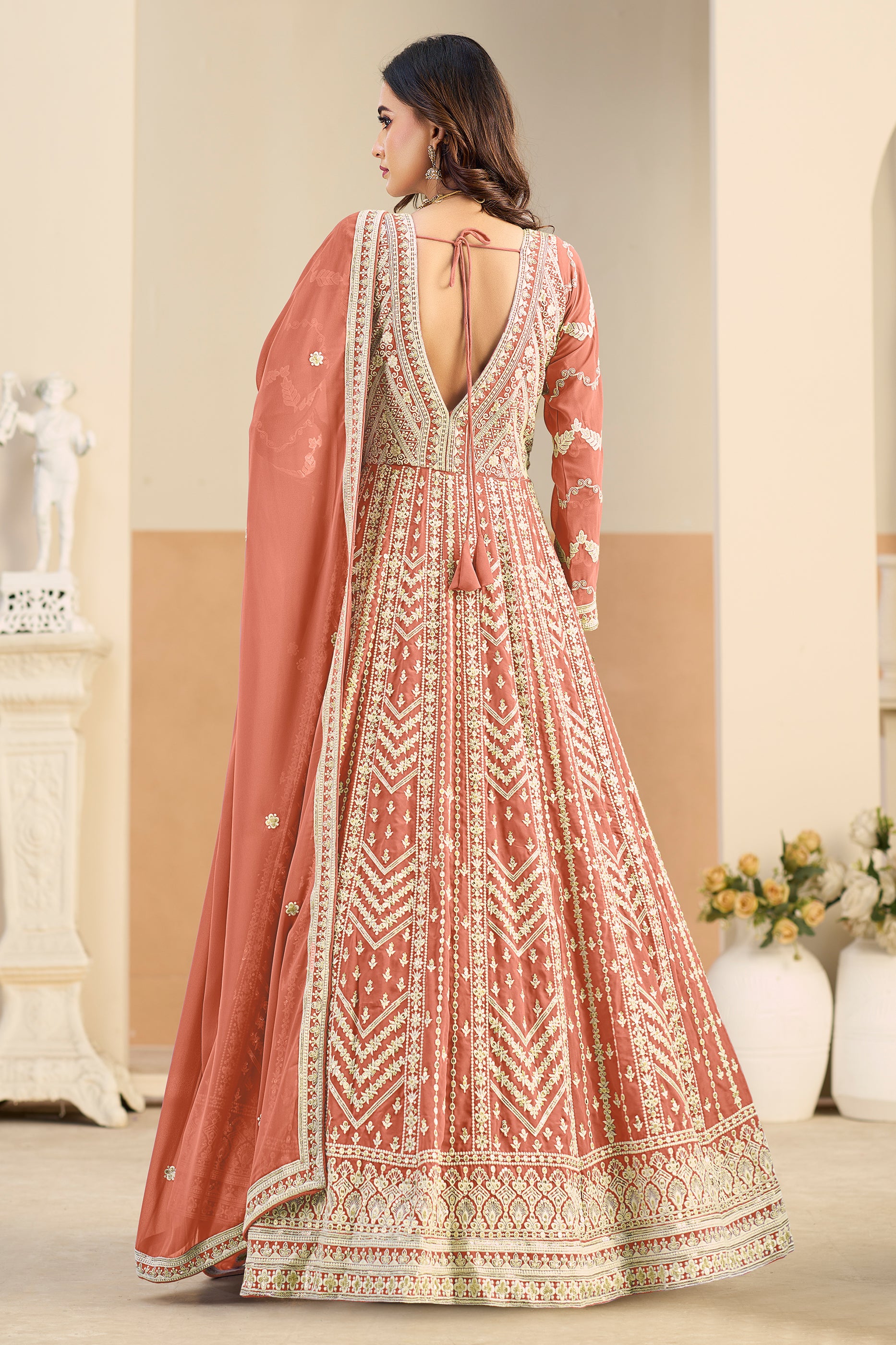 Peach Readymade Georgette Gown With Dupatta-SAR12495_4_SareeButa.com
