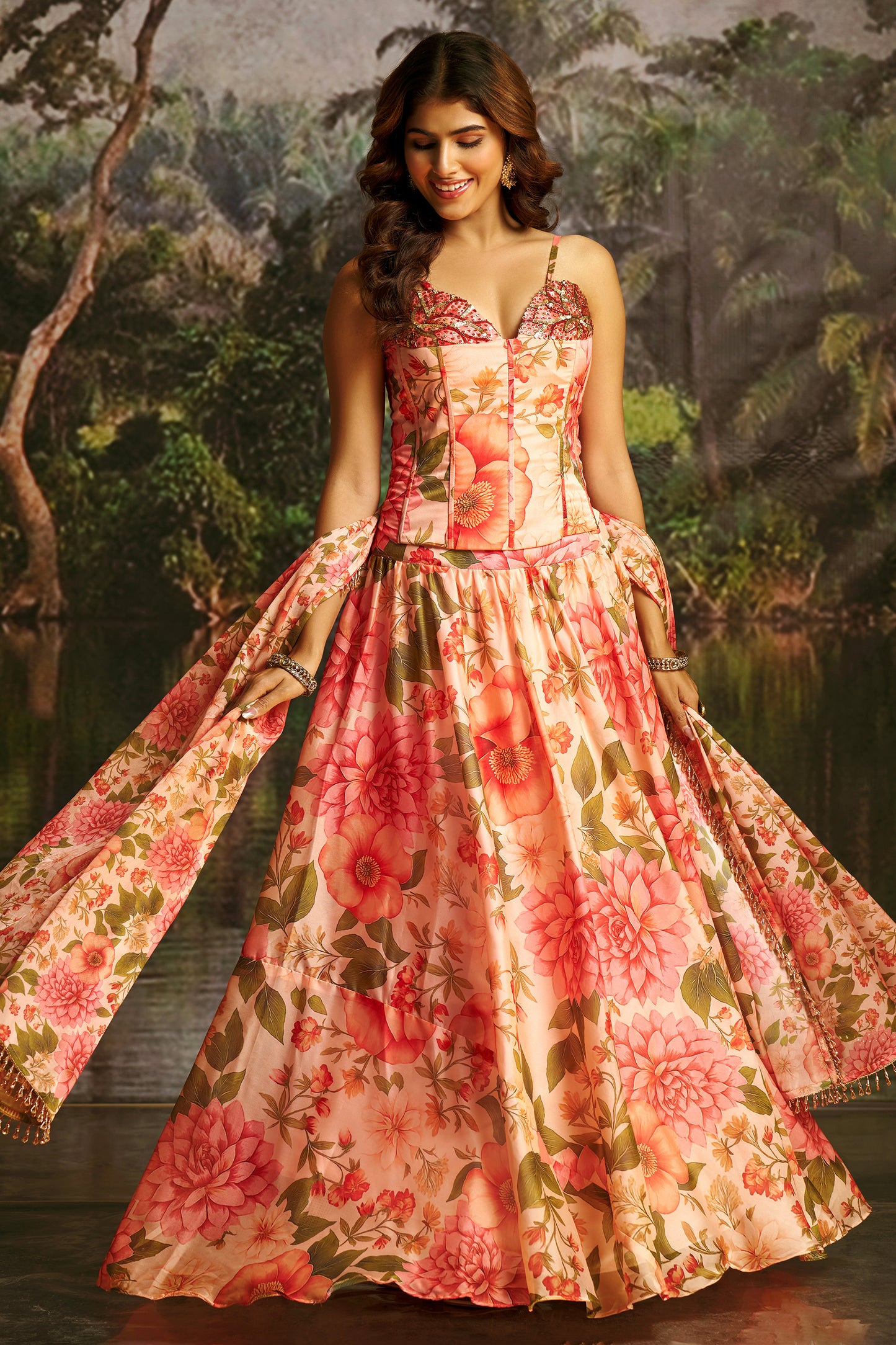 Peach Readymade Printed Georgette Lehenga