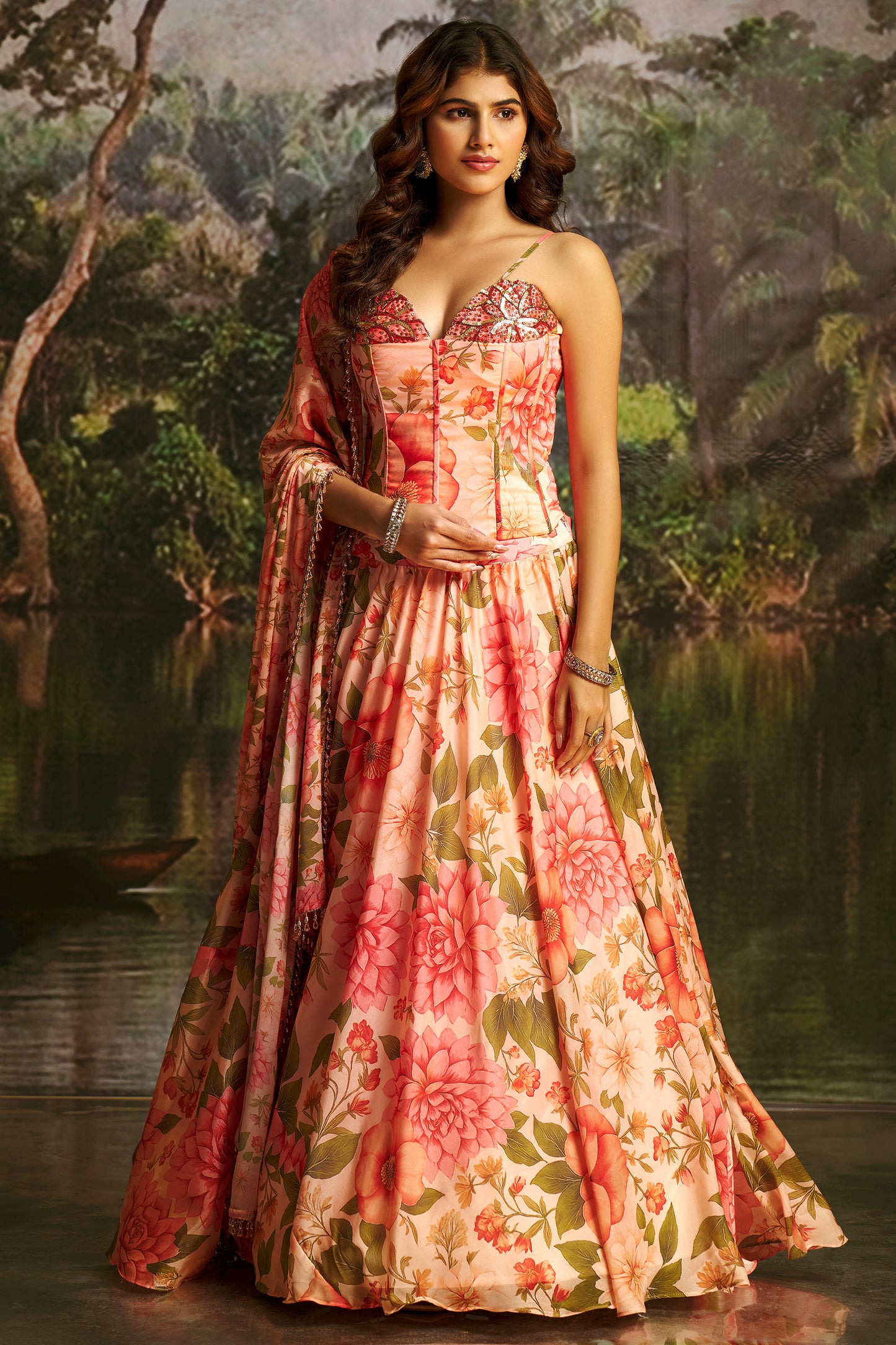 Peach Readymade Printed Georgette Lehenga