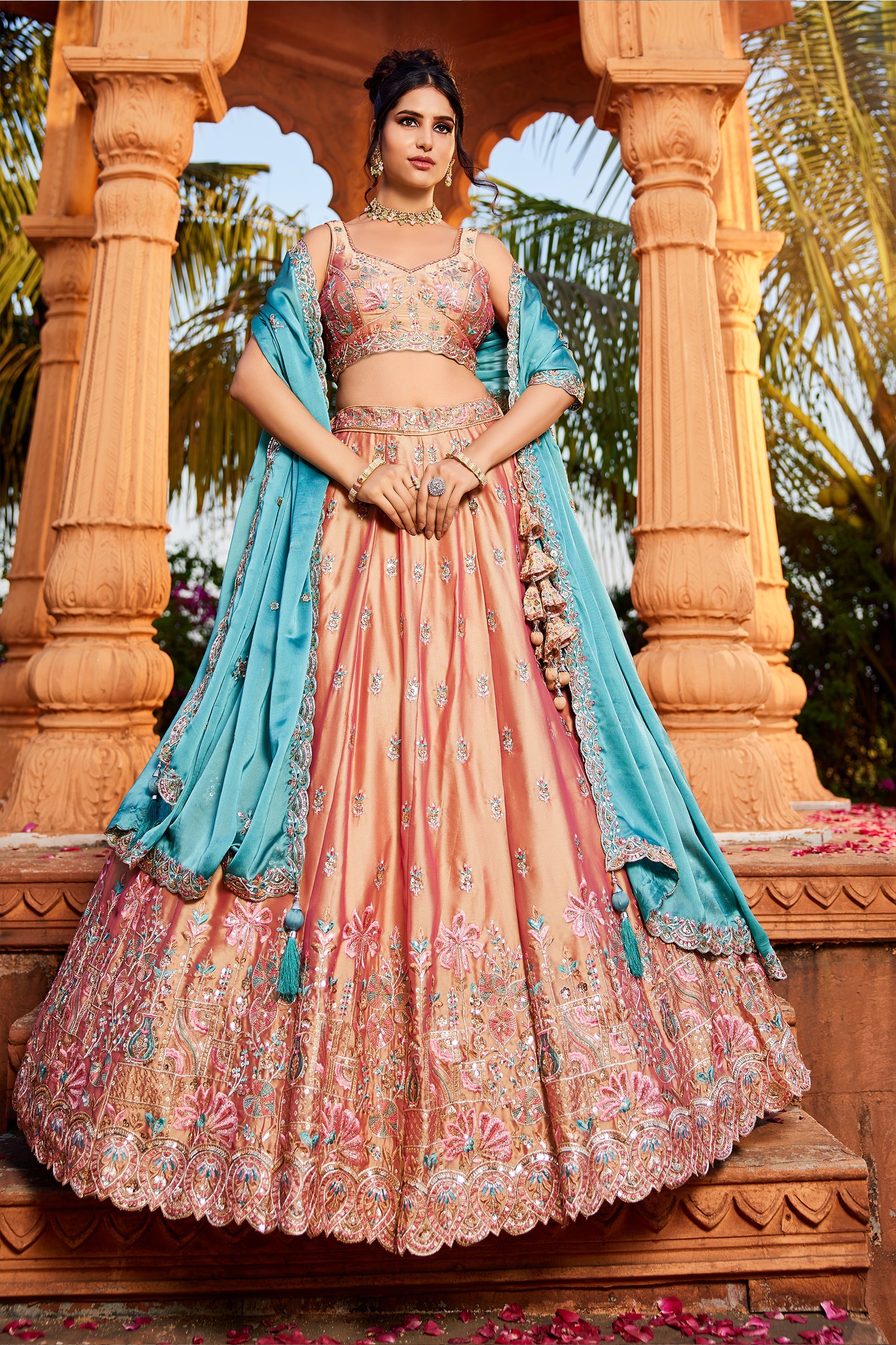 Peach Readymade Embroidered Georgette Lehenga-SAR10048_1_SareeButa.com