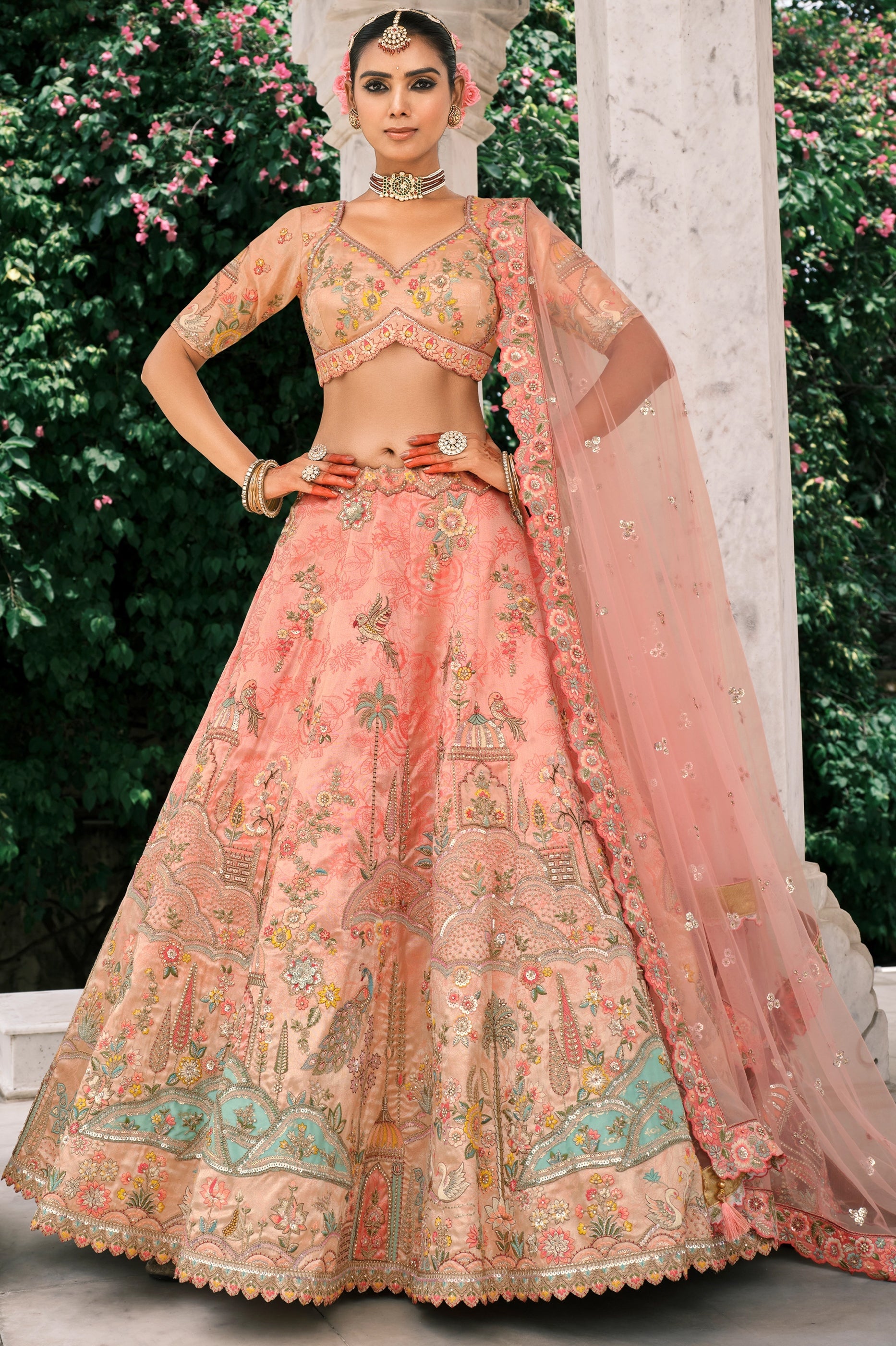 Peach Semi-Stitched Embroidered Silk Lehenga-SAR10440_1_SareeButa.com