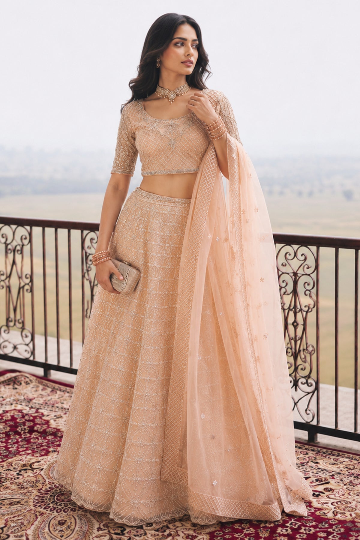 Peach Semi Stitched Embroidered Net Lehenga-SAR13215_1_SareeButa.com