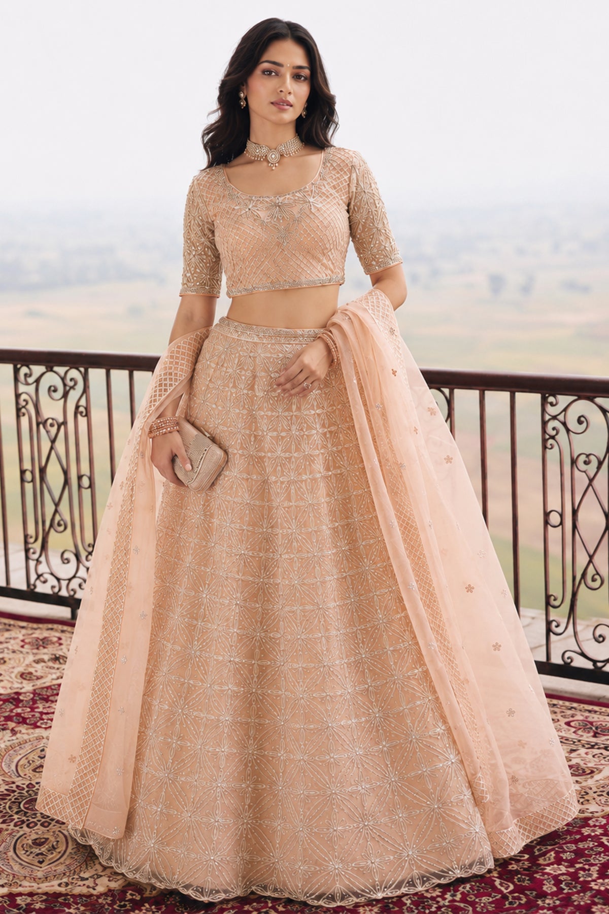 Peach Semi Stitched Embroidered Net Lehenga-SAR13215_4_SareeButa.com