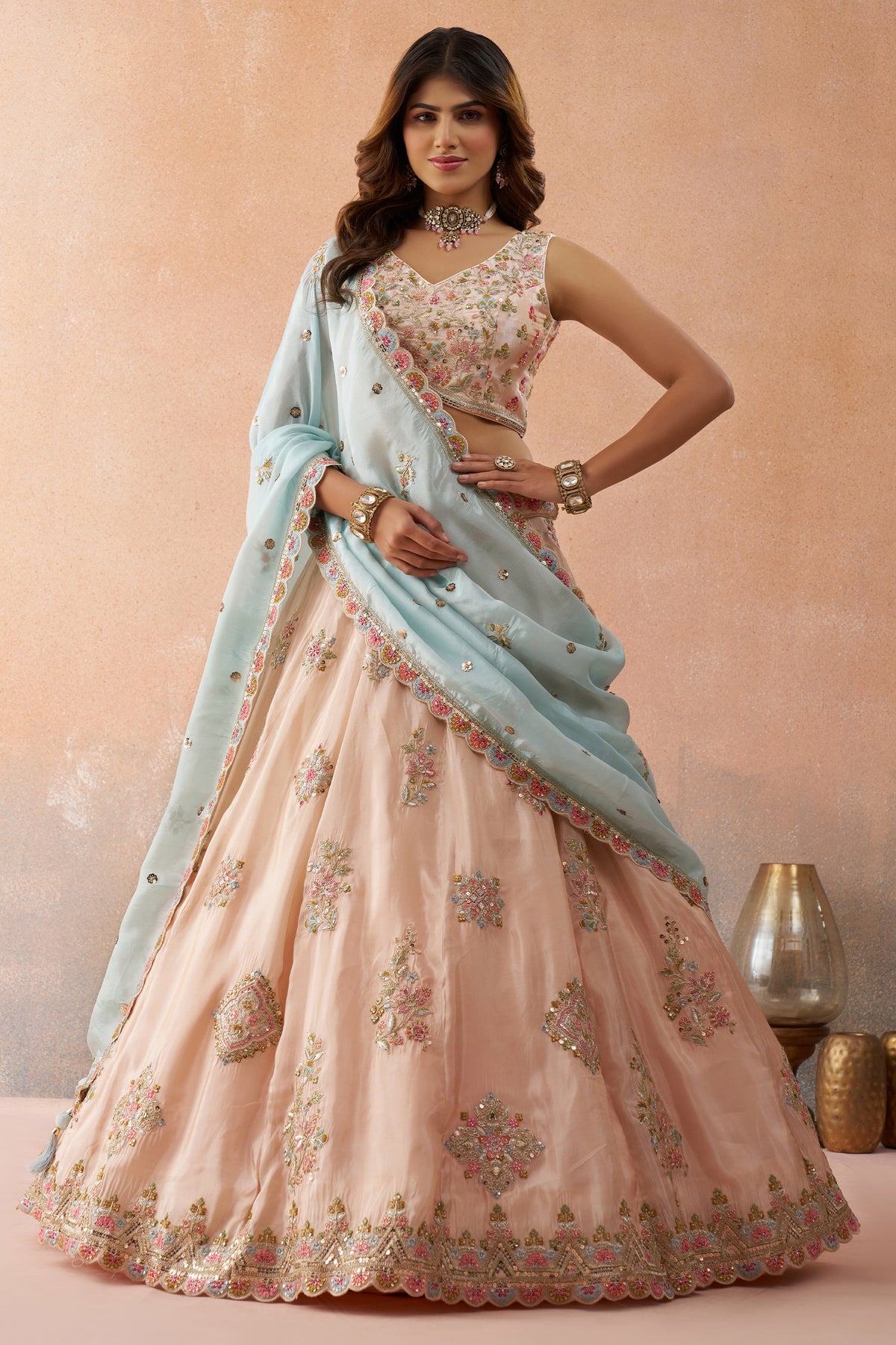 Peach Semi Stitched Embroidered Tissue Lehenga-SAR12844_1_SareeButa.com