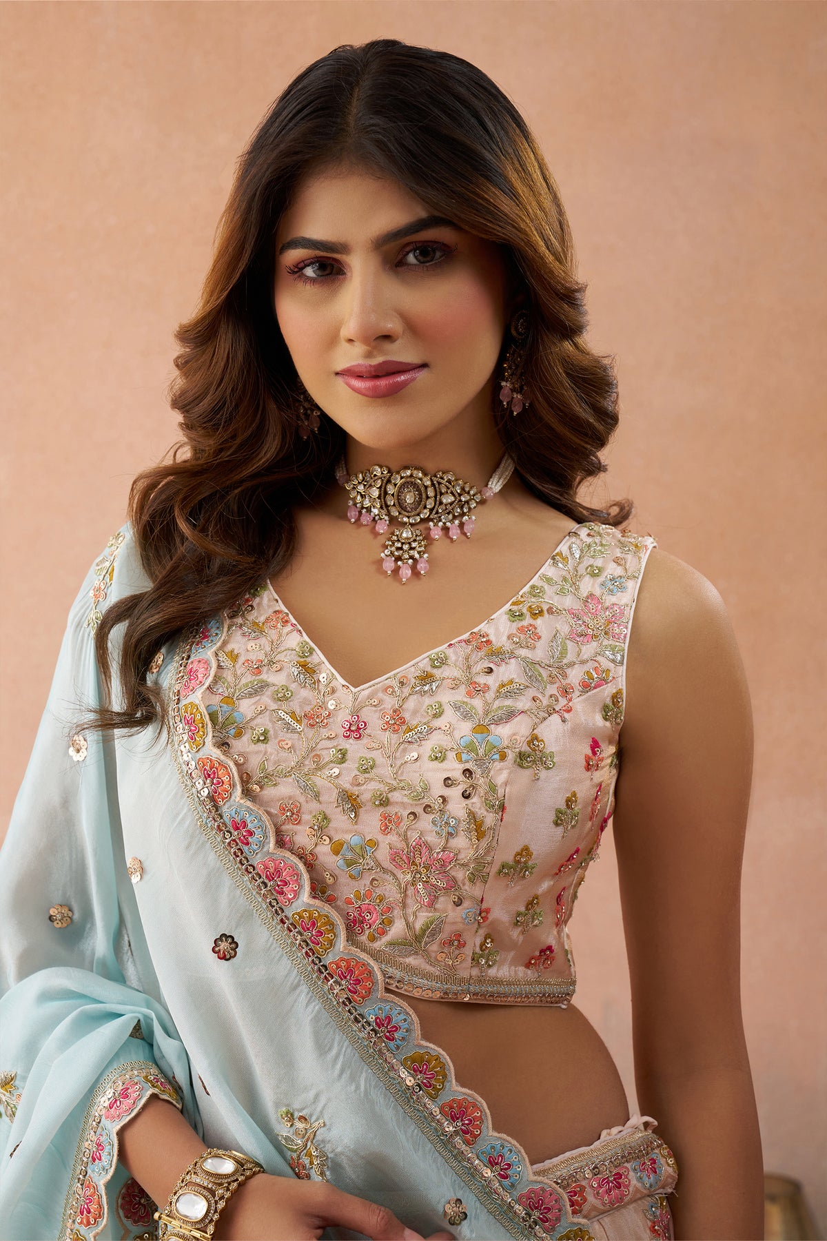 Peach Semi Stitched Embroidered Tissue Lehenga-SAR12844_2_SareeButa.com