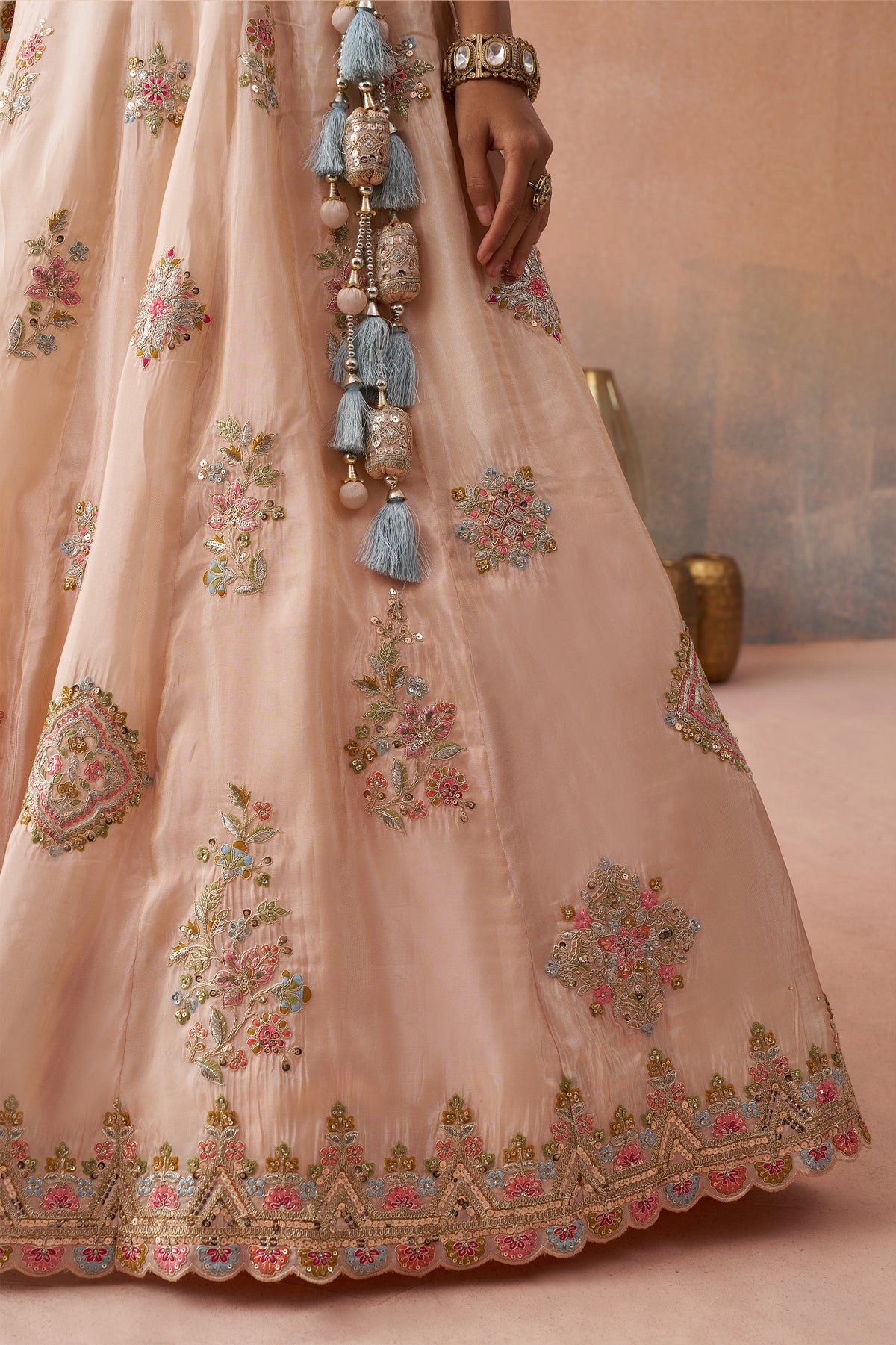 Peach Semi Stitched Embroidered Tissue Lehenga-SAR12844_3_SareeButa.com
