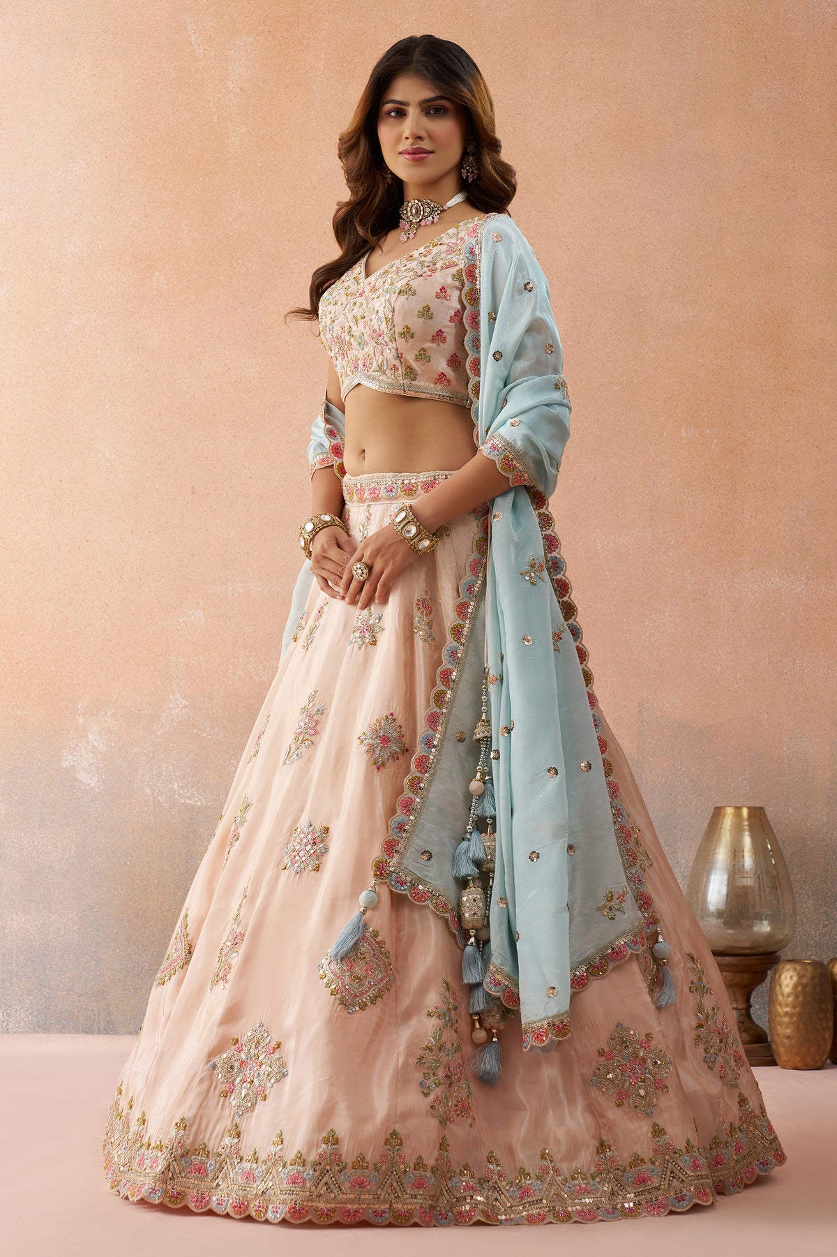 Peach Semi Stitched Embroidered Tissue Lehenga-SAR12844_4_SareeButa.com