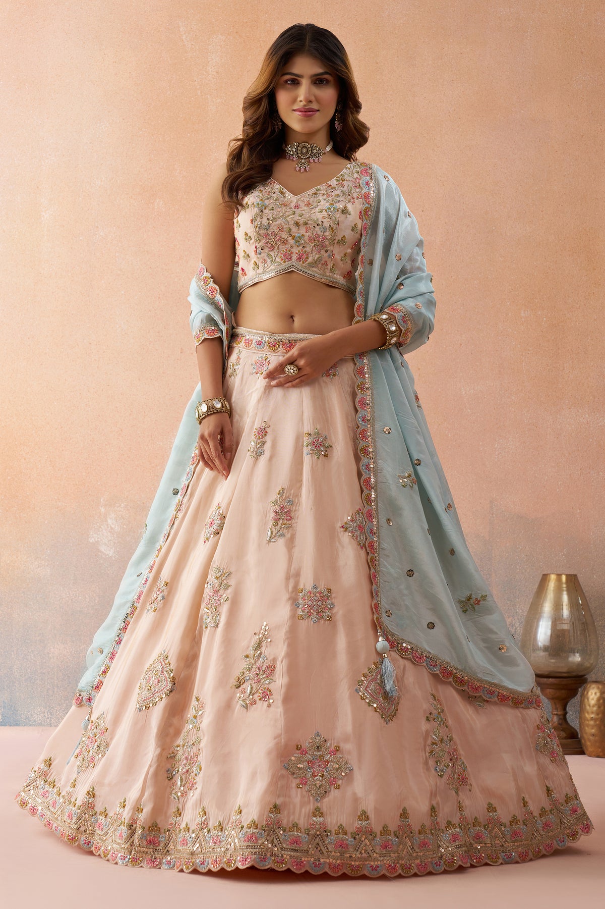 Peach Semi Stitched Embroidered Tissue Lehenga-SAR12844_5_SareeButa.com
