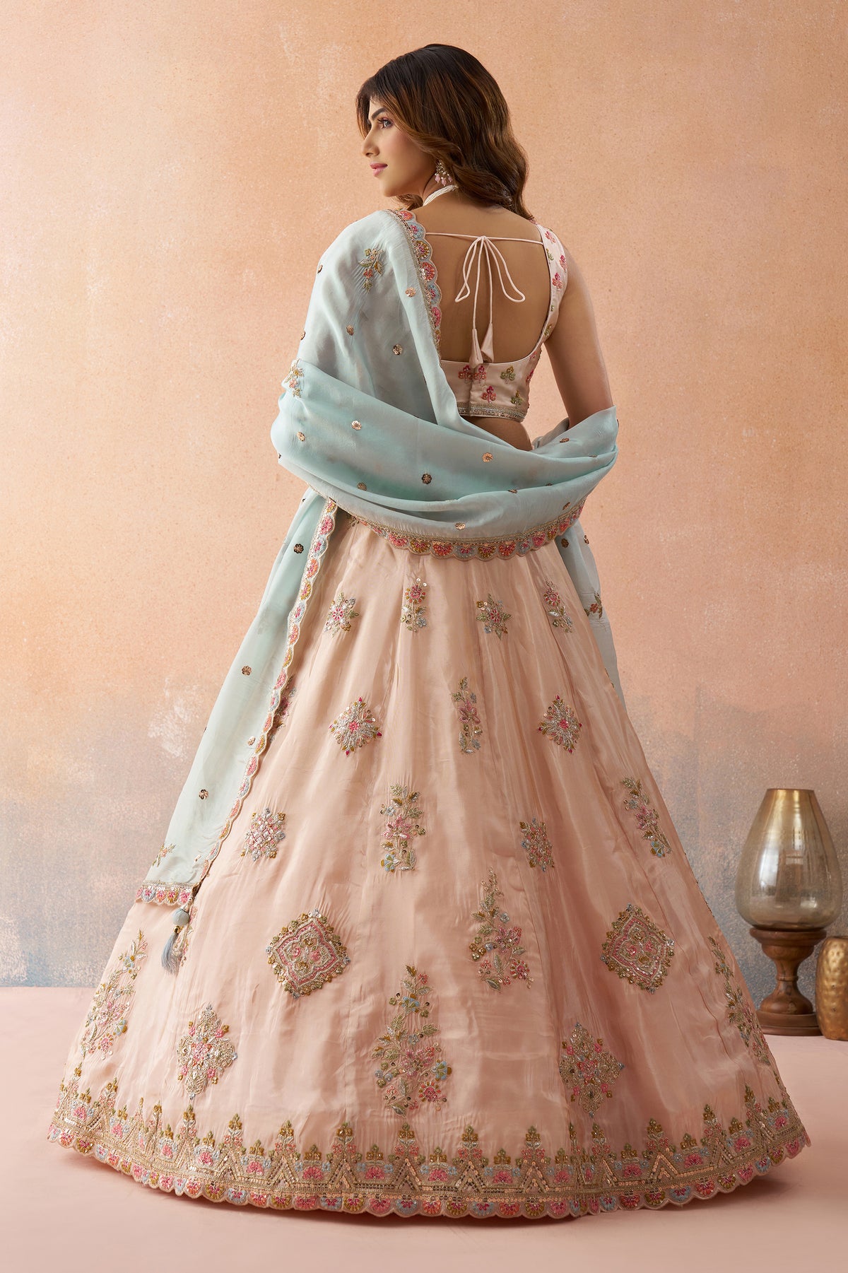 Peach Semi Stitched Embroidered Tissue Lehenga-SAR12844_6_SareeButa.com
