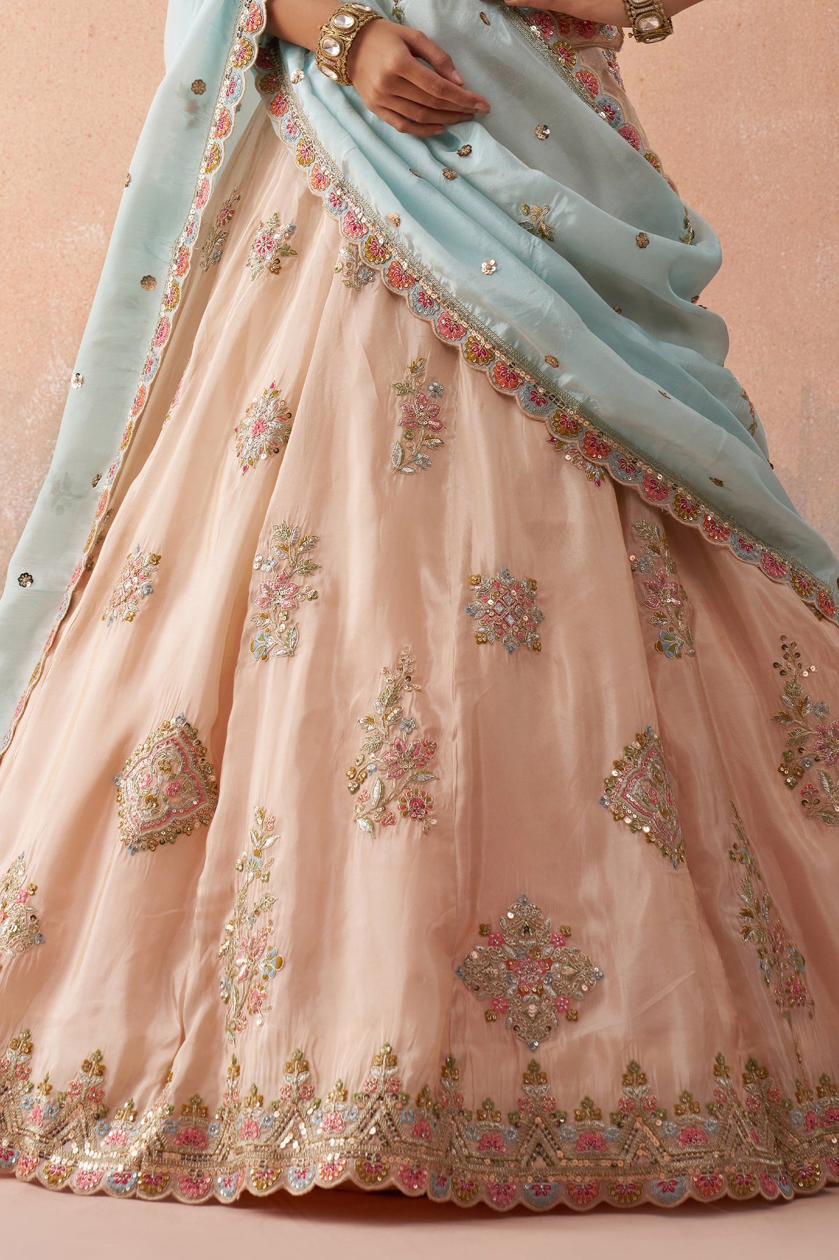 Peach Semi Stitched Embroidered Tissue Lehenga-SAR12844_8_SareeButa.com