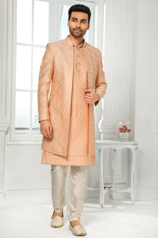 Peach Silk Kurta Pajama With Jacket-SAR11433_1_SareeButa.com
